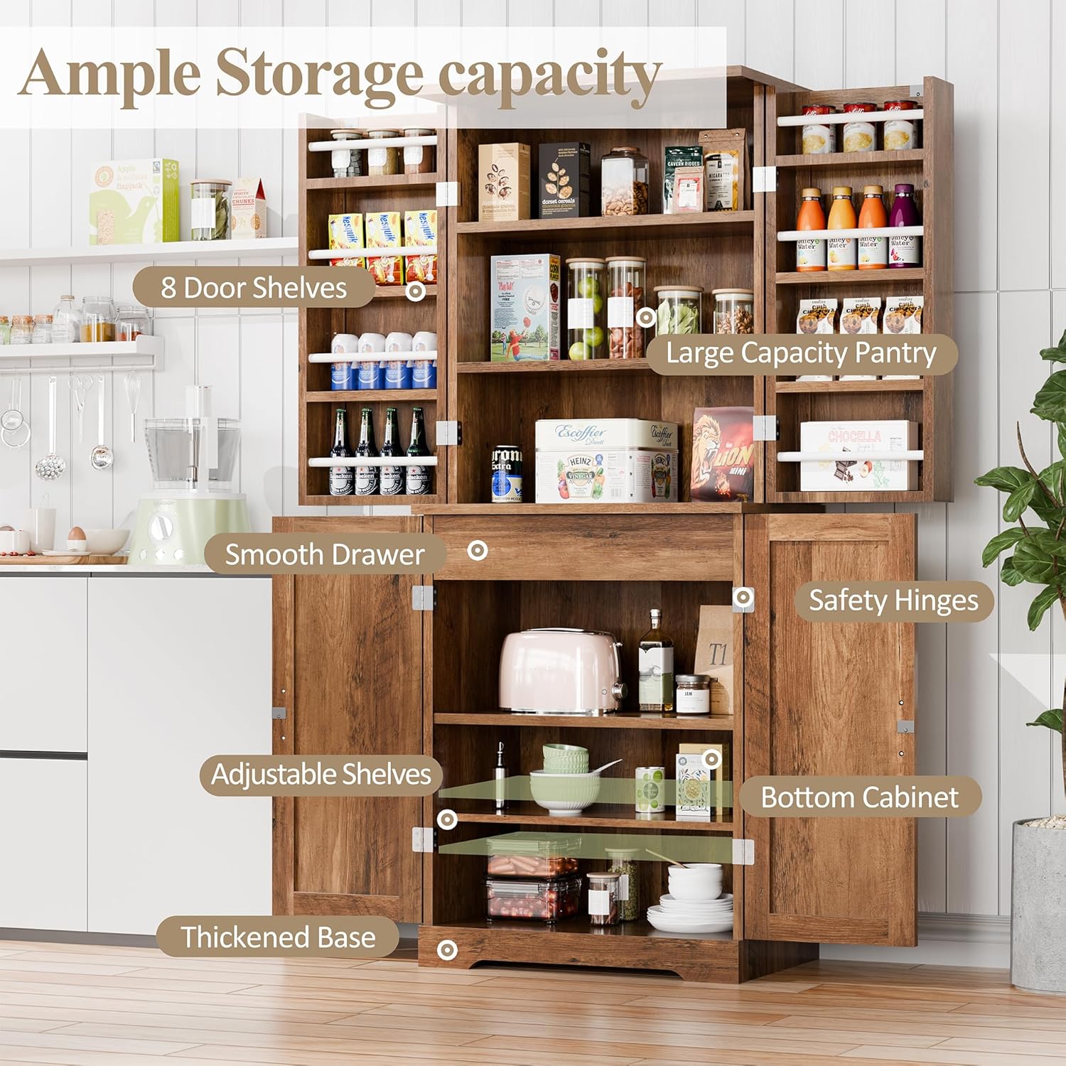 Vongrasig Kitchen Pantry Storage Cabinet with doors open, showing internal features