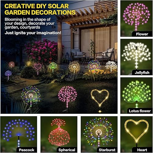 Miniatura 5 de Luces solares de jardín de fuegos artificiales, 240 LED, paquete de 2, estacas decorativas impermeables para exteriores, morado, altura de 36