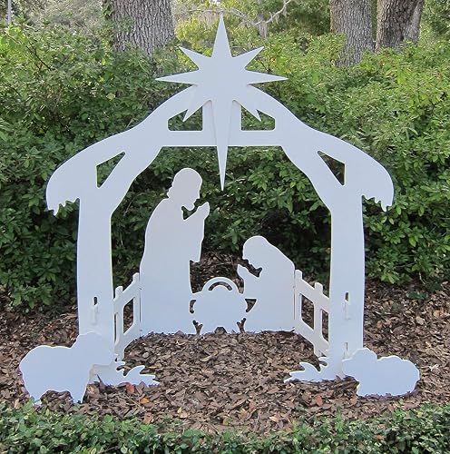 Teak Isle white silhouette outdoor nativity set showing the Holy Family
