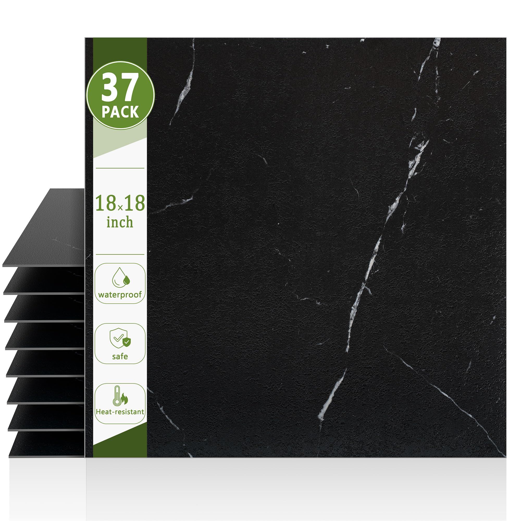 RORA Lot de 37 dalles de sol autocollantes en vinyle imperméable 80 SF 45,7 x 45,7 cm | Revêtement de sol autocollant en vinyle, motif marbre noir pour salle de bain, cuisine, buanderie, salon, sous-sol