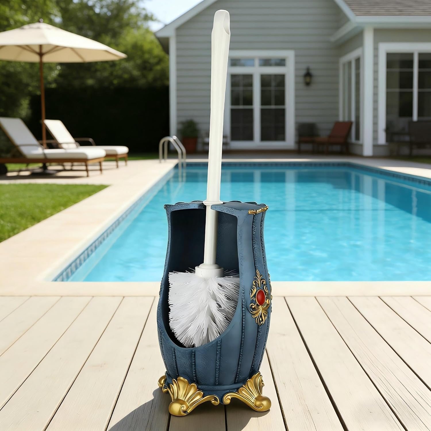 Vintage Toilet Brush Holder Set for Bathroom, Baroque Stylish Toilet Cleaning Brush and Holder with Wide-Mouth Storage Heavy Solid Base (Blue & Gold)
