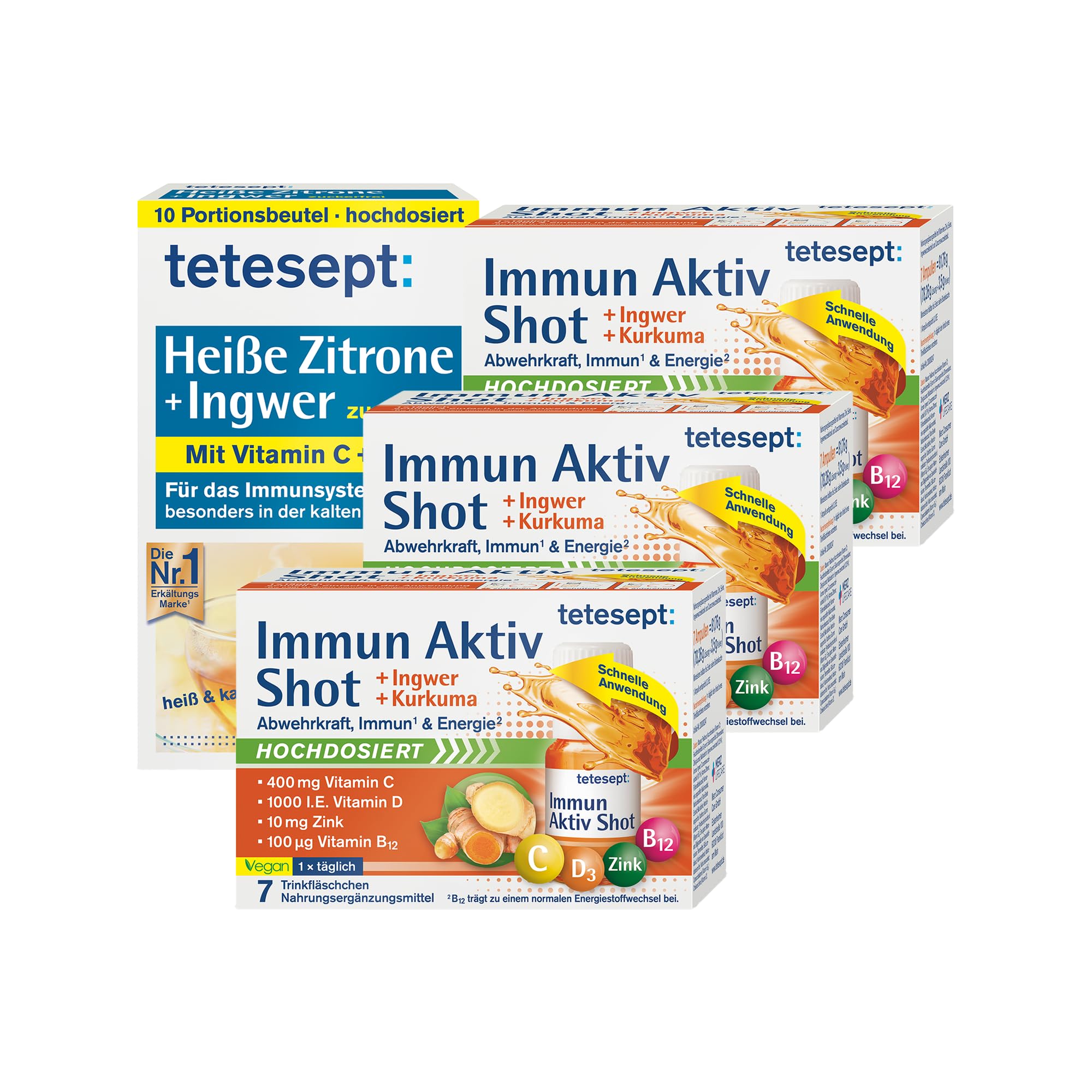 tetesept Immun Aktiv Shot Ingwer Kurkuma + Heiße Zitrone [21 Trinkfläschchen und 10 Beutel Heiße Zitrone] Hochdosiert mit Vitamin C D Zink B12 Zur Unterstützung des Immunsystems