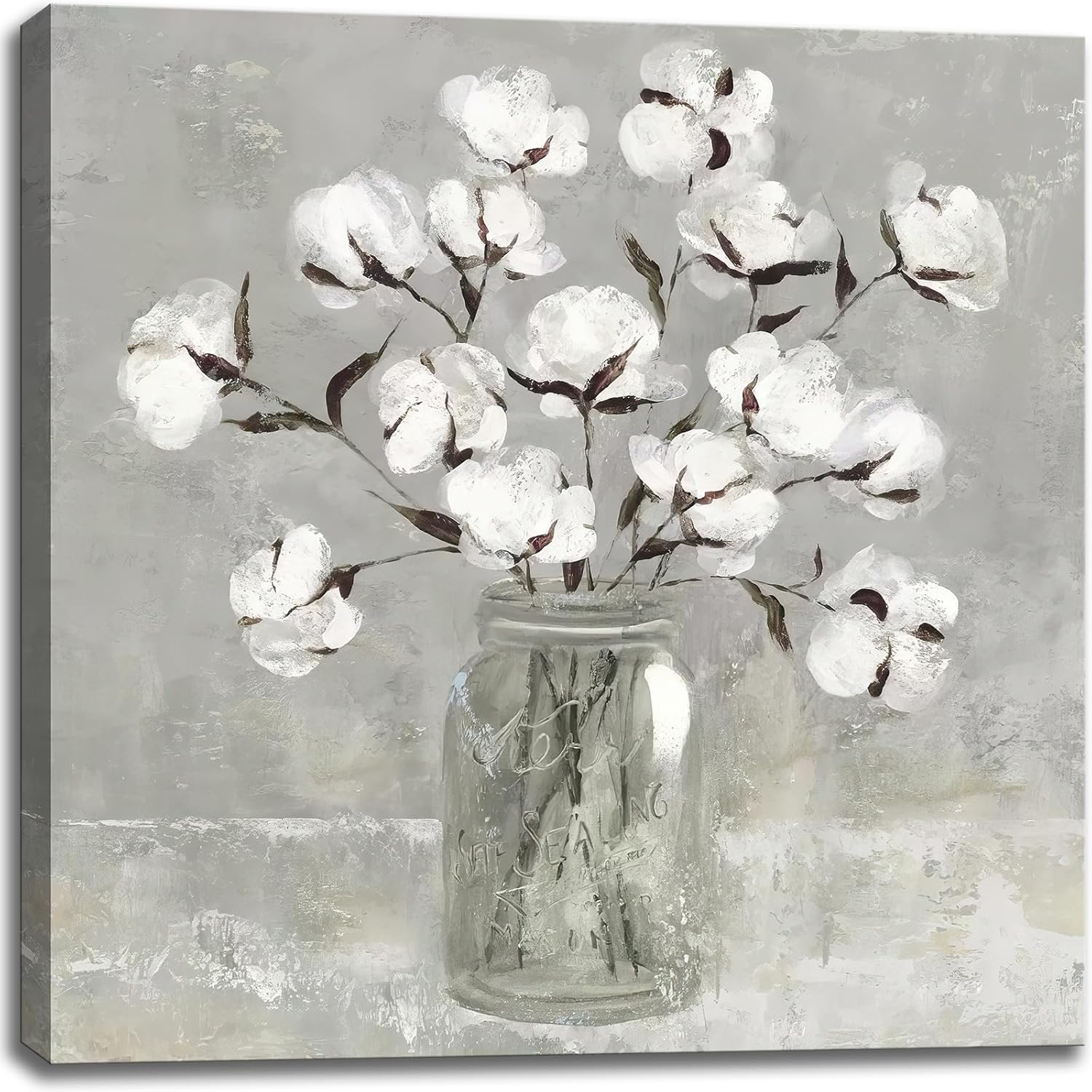 OKEXCKK Bathroom Wall Art Cotton Bouquet Canvas Print Decor Classic Vintage Flowers Painting Farmhouse Floral Picture Artwork Poster for Bedroom Office Decoration 24"x24" 24"L x 24"W Cotton Bouquet