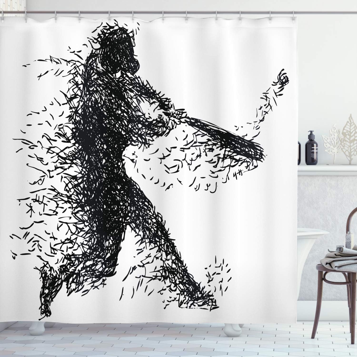 Ambesonne Black and White Shower Curtain, Abstract Illustration of a Baseball Player Posing Grunge, Cloth Fabric Bathroom Decor Set with Hooks, 69" W x 70" L, Charcoal Grey White