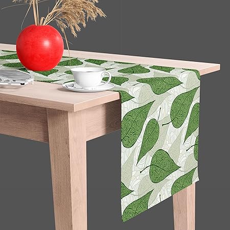 ArtzFolio Hand Drawn Green Leafs | Table Runner for Dining & Center Table | Cotton Canvas Fabric | 12 x 72 inch (30 x 183 cms)