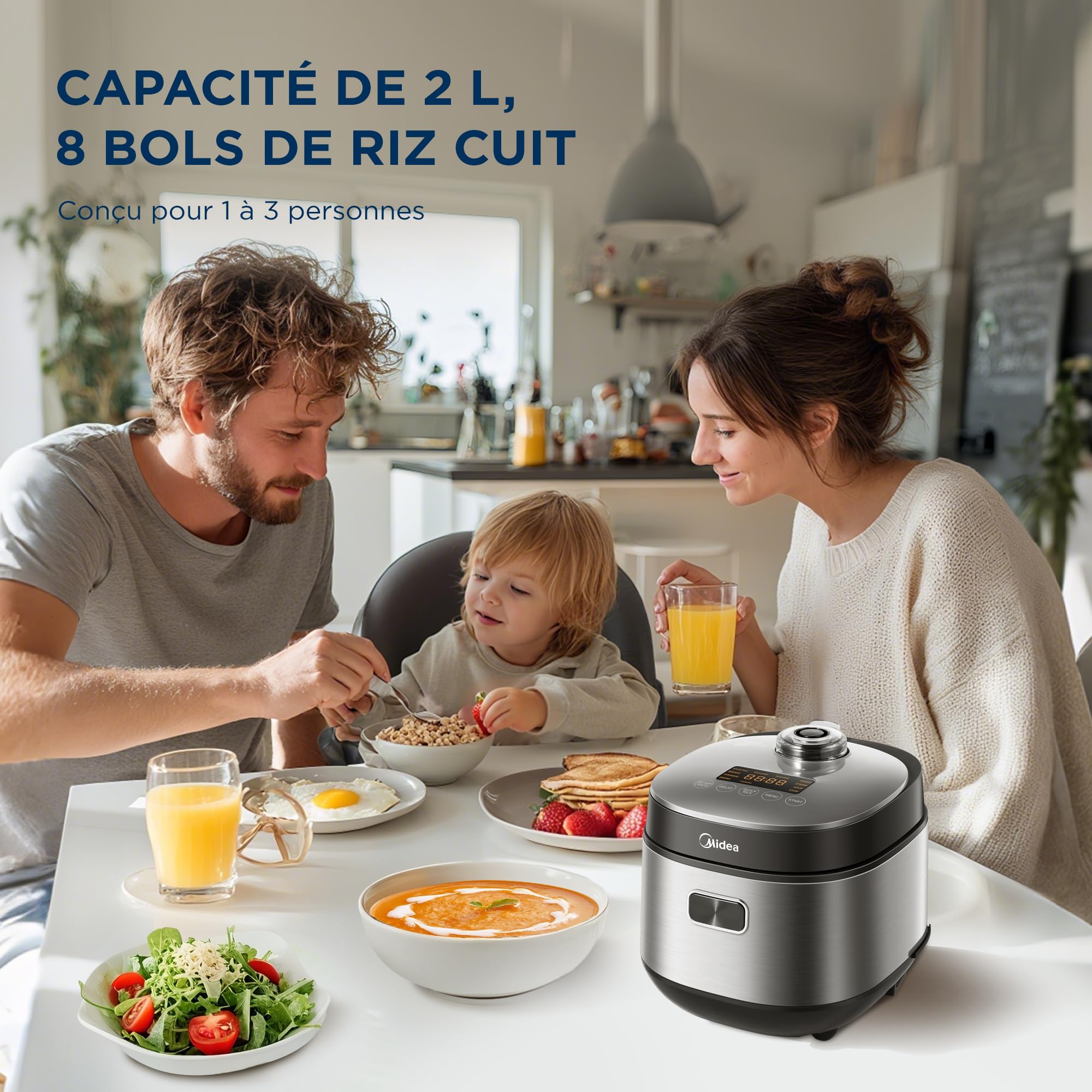 Midea Cuiseur de Riz Multifonction 2L, 9 Programmes, 4 Tasses pour 1-3 Personnes, Chauffage Avancé, Riz Prêt en 30 Min, Antiadhésif, Maintien au Chaud 24h et Minuteur, Panier Vapeur Inclus