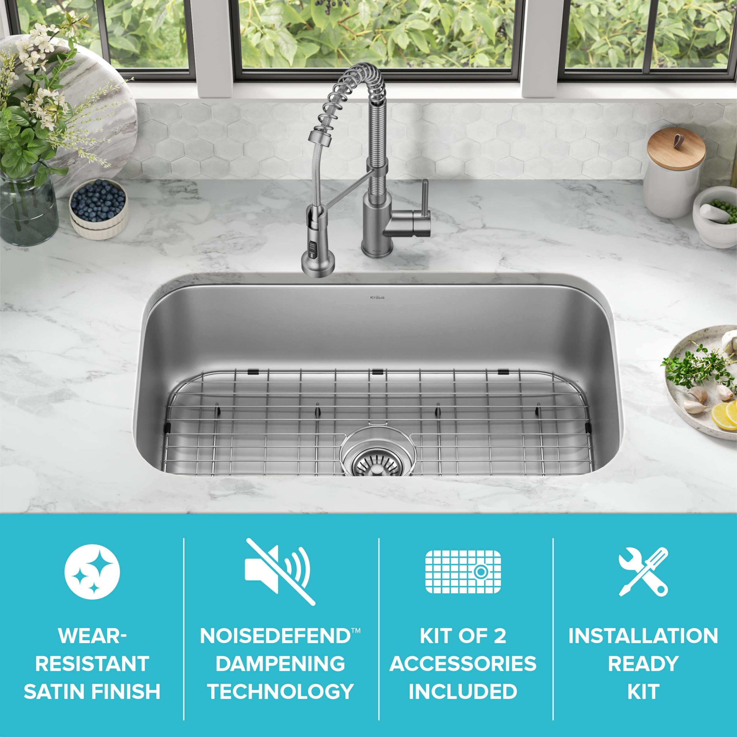 Kraus Premier - Lavello da cucina a vasca singola in acciaio INOX, 81,3 cm, spessore 18 mm