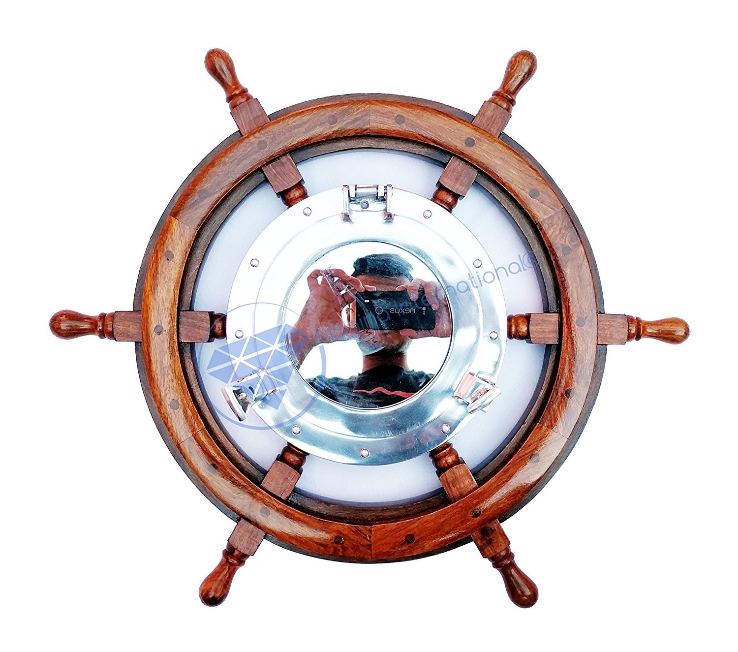Nagina International Natural Wood Deluxe Nautical Ship Wheel with Aluminum Polished Mirror | Maritime Home Decor Gift (48 Inches)