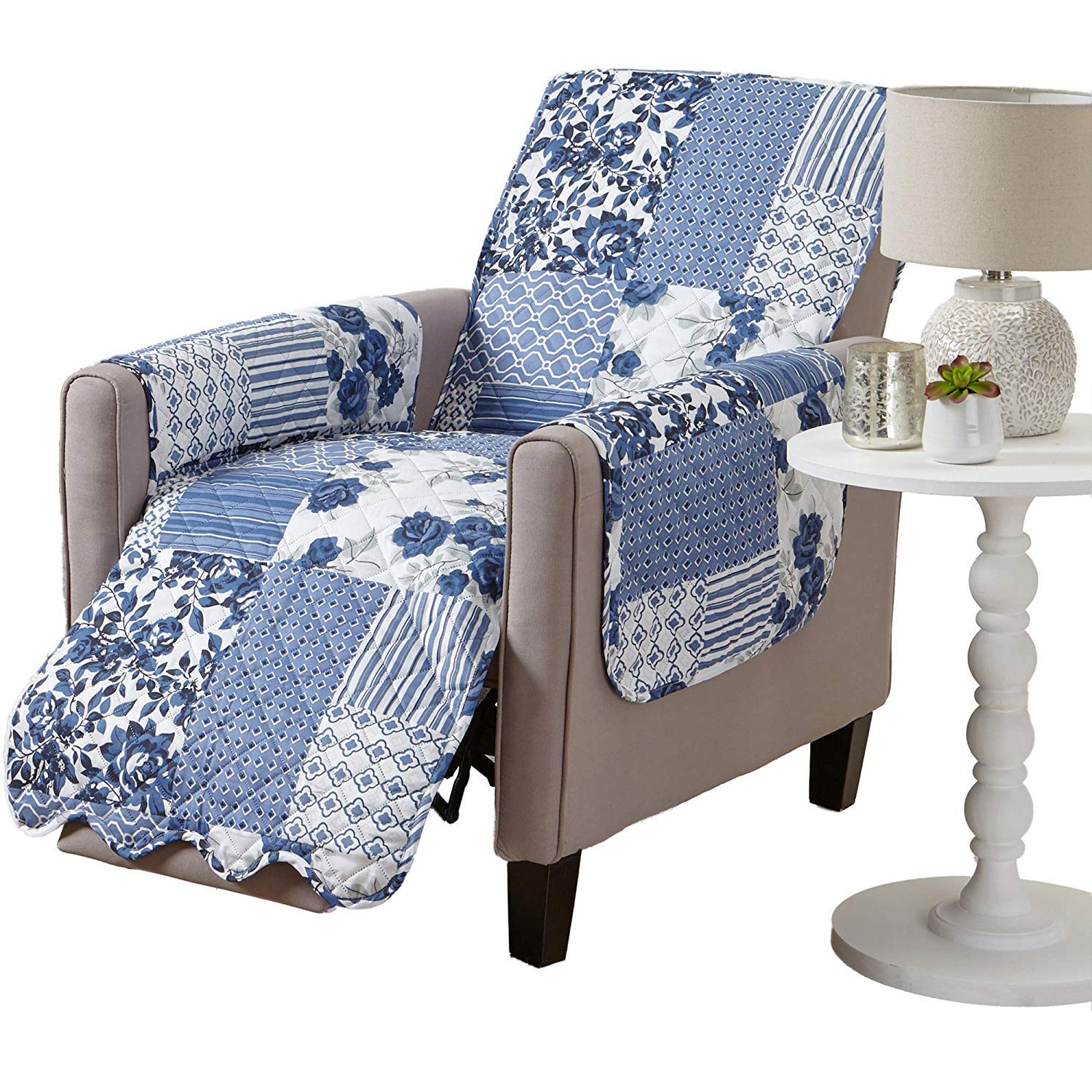 Photo 1 of Great Bay Home Reversible Patchwork Recliner Cover - Washable Slipcover Furniture Protector with Elastic Straps - Perfect for Kids & Pets - Box-Stitched Detail (Navy)