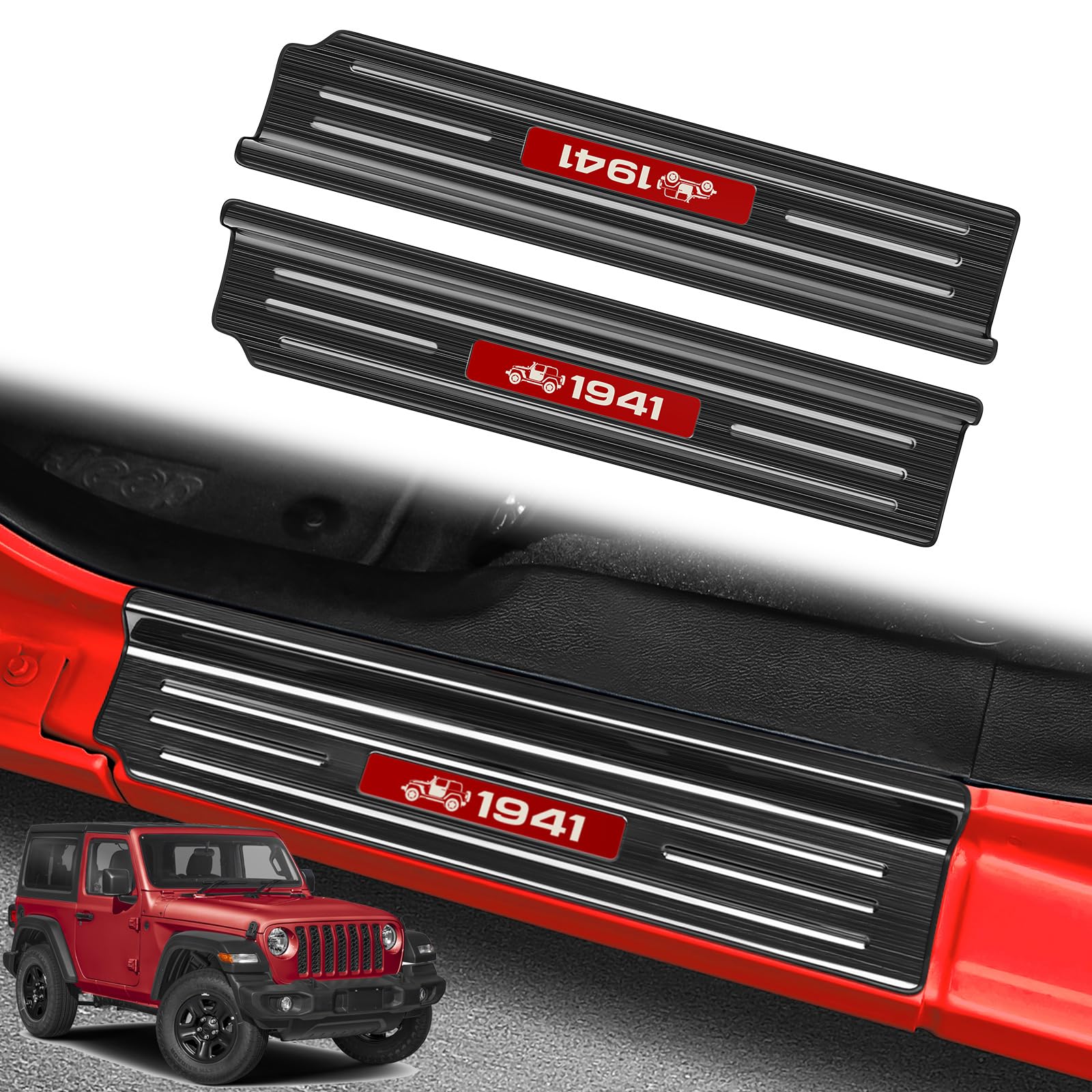 2-Door Door Sill Guards for Jeep Wrangler &amp; Gladiator - Red Black Brushed