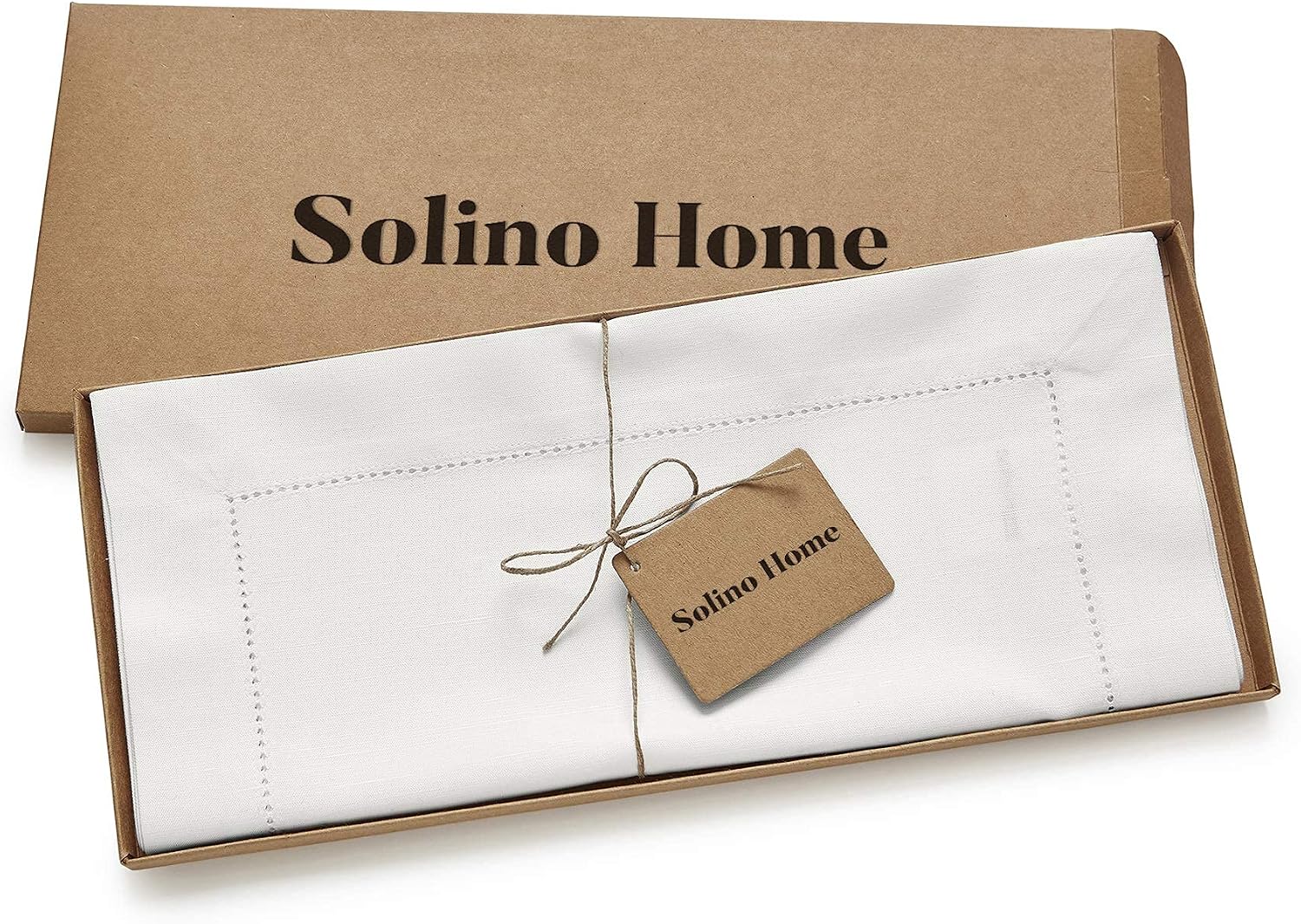 Solino Home Cotton Linen Table Runner White Hemstitch, 14 x 36 in