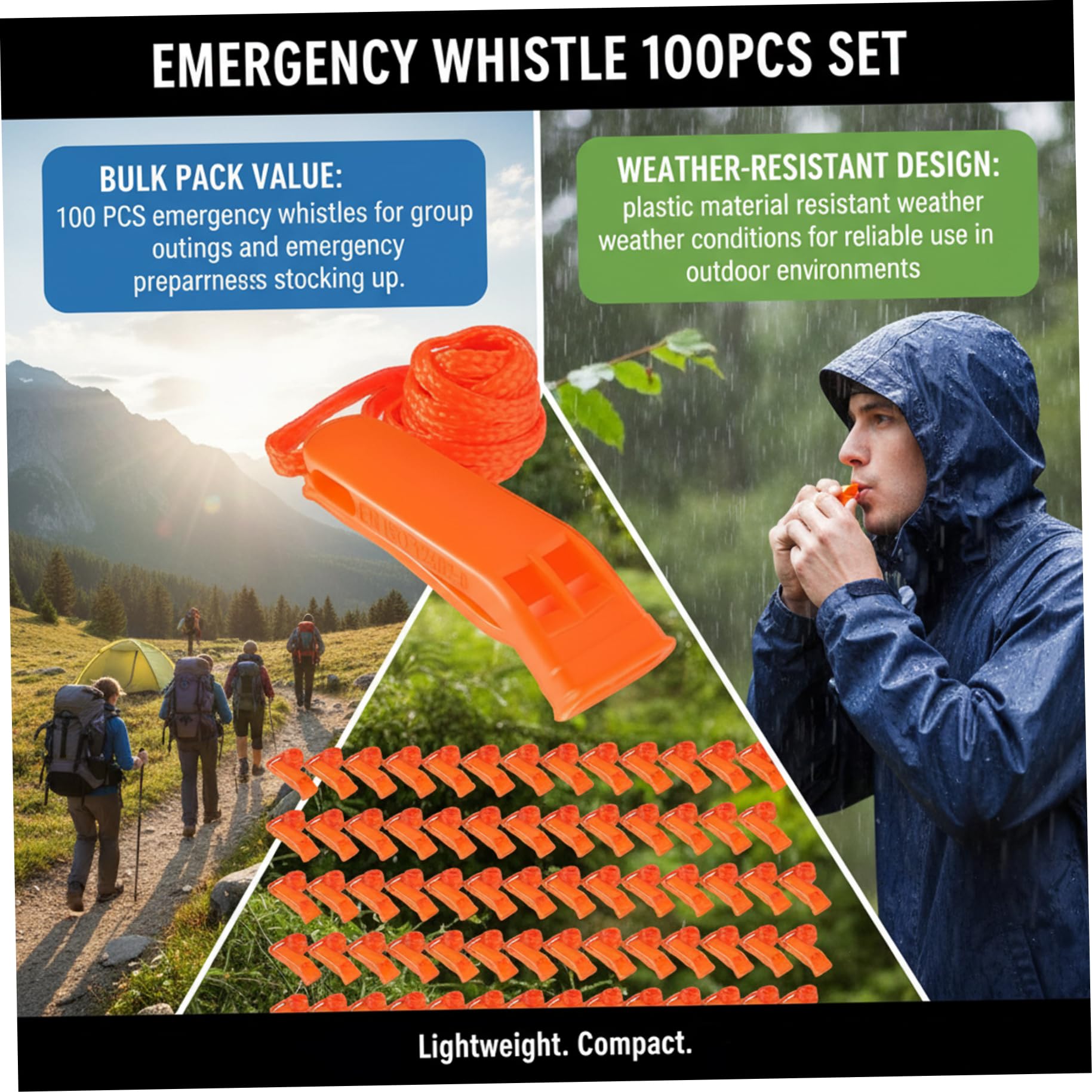 Jorzer Silbato de Emergencia 100PCS Silbato de Seguridad de plástico Ruidoso con cordón Equipo de Supervivencia para Kayak Barco de Pesca Camping Senderismo Caza de Emergencia..