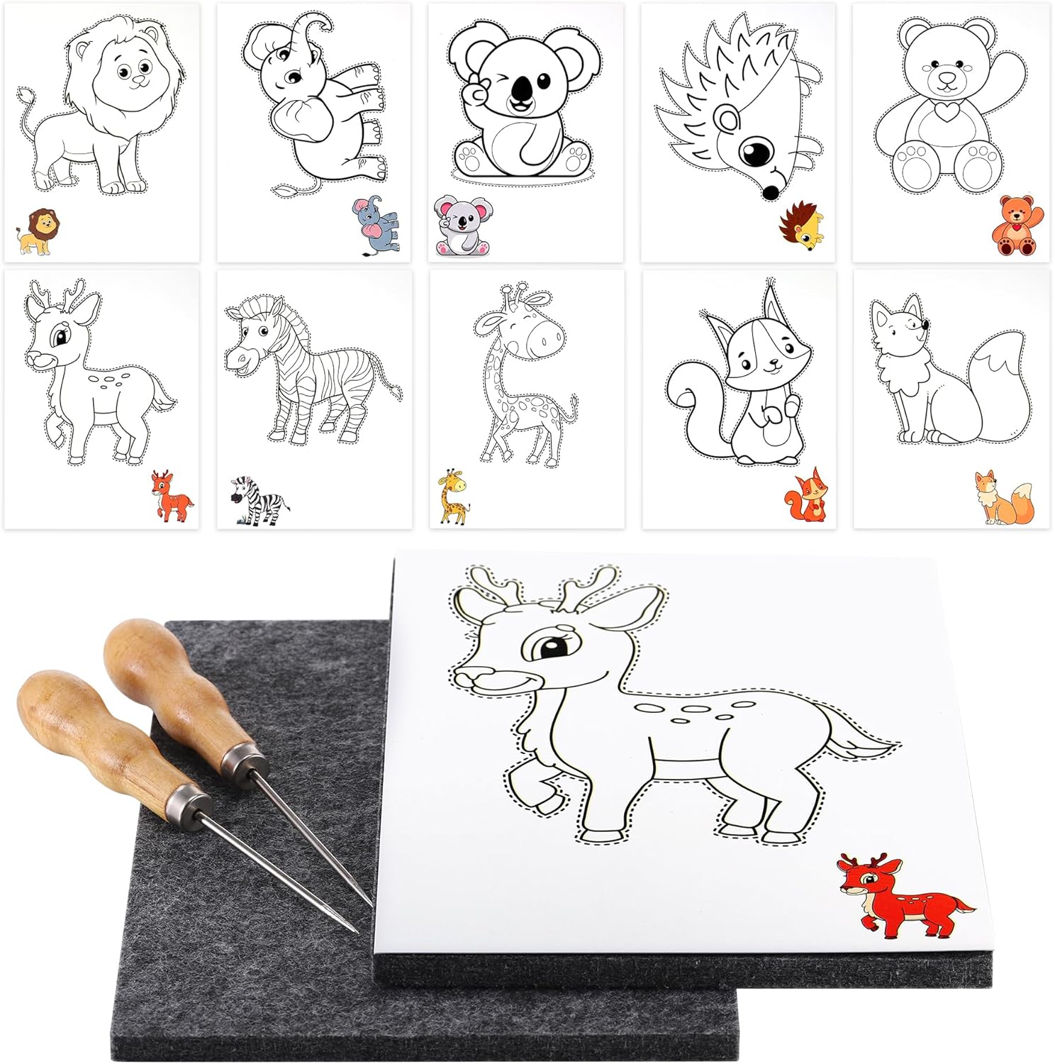 TranRantic Set of Stitching Needles for Children from 4 Years, Punching Mat with 2 Felt-Tip Pens (20 x 15 cm) 2 Stitching Needles 10 Images Animal Theme Embroidery