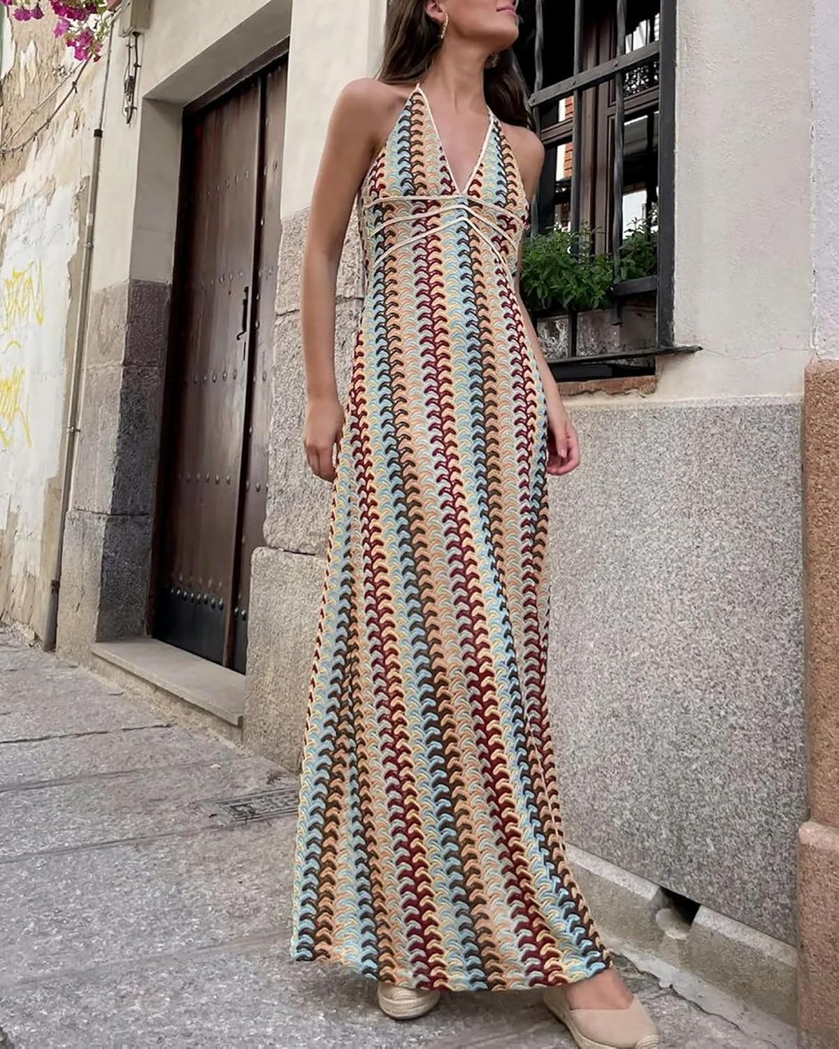 BAIMORE Women's Beach Dress Deep V Neck Backless Striped Bodycon Halter Knit Maxi Dress - Image 4