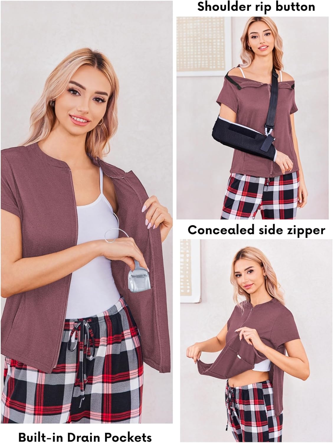 Deyeek Mastectomy Shirts with Drain Pockets Post Shoulder Surgery Tops for Women Chemo Port Short Sleeve with Zippers - Image 2