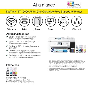 Epson EcoTank ET-15000 Wireless Color All-in-One Supertank Printer with Scanner, Copier, Fax, Ethernet and Printing up to 13 x 19 Inches, White