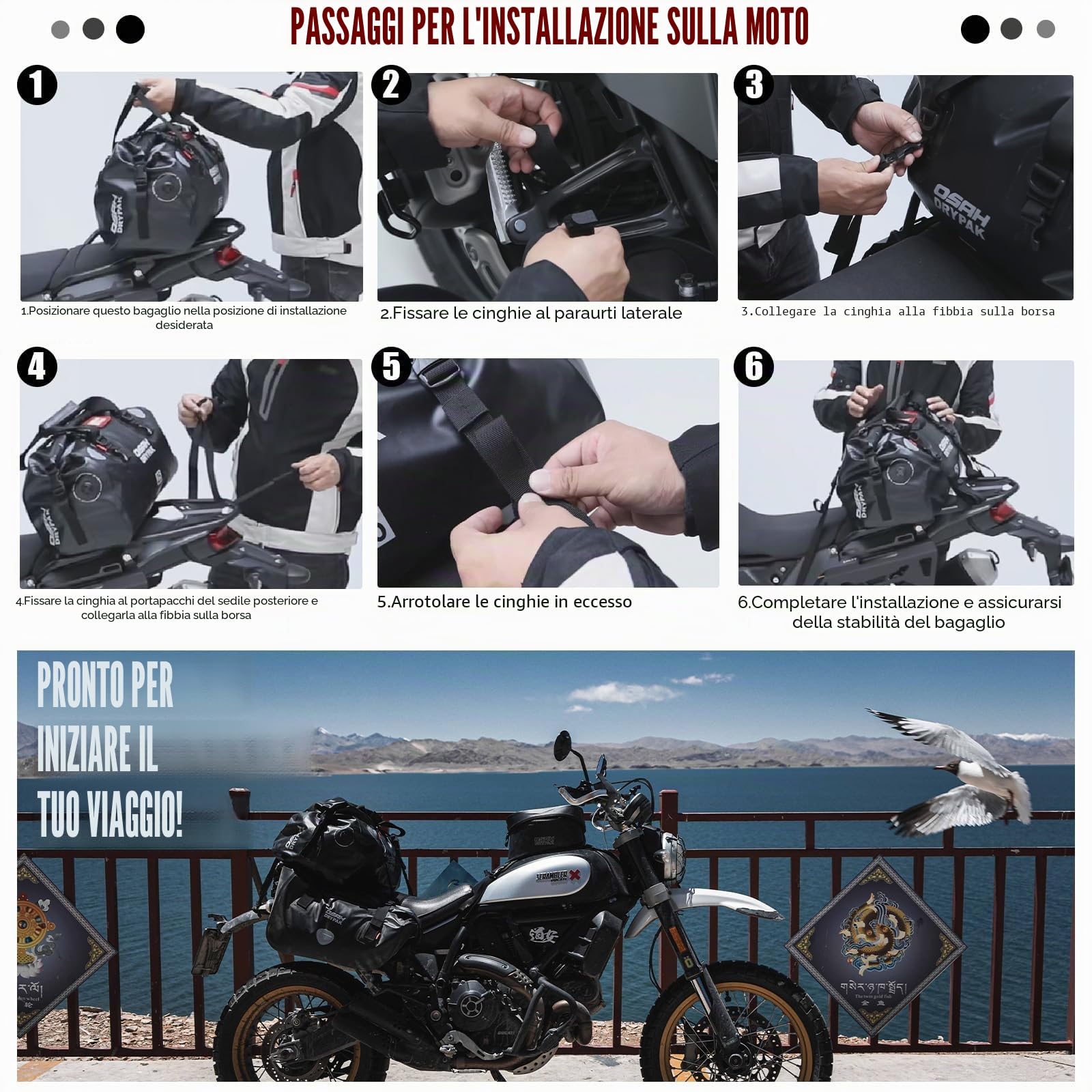 Sacchetto asciutto moto-Borse da sella impermeabili per motociclette e bagagli con chiusura a rullo，Grande Spazio di Immagazzinaggio，Escursionismo, Ciclismo, Viaggio(Nero, 40L)