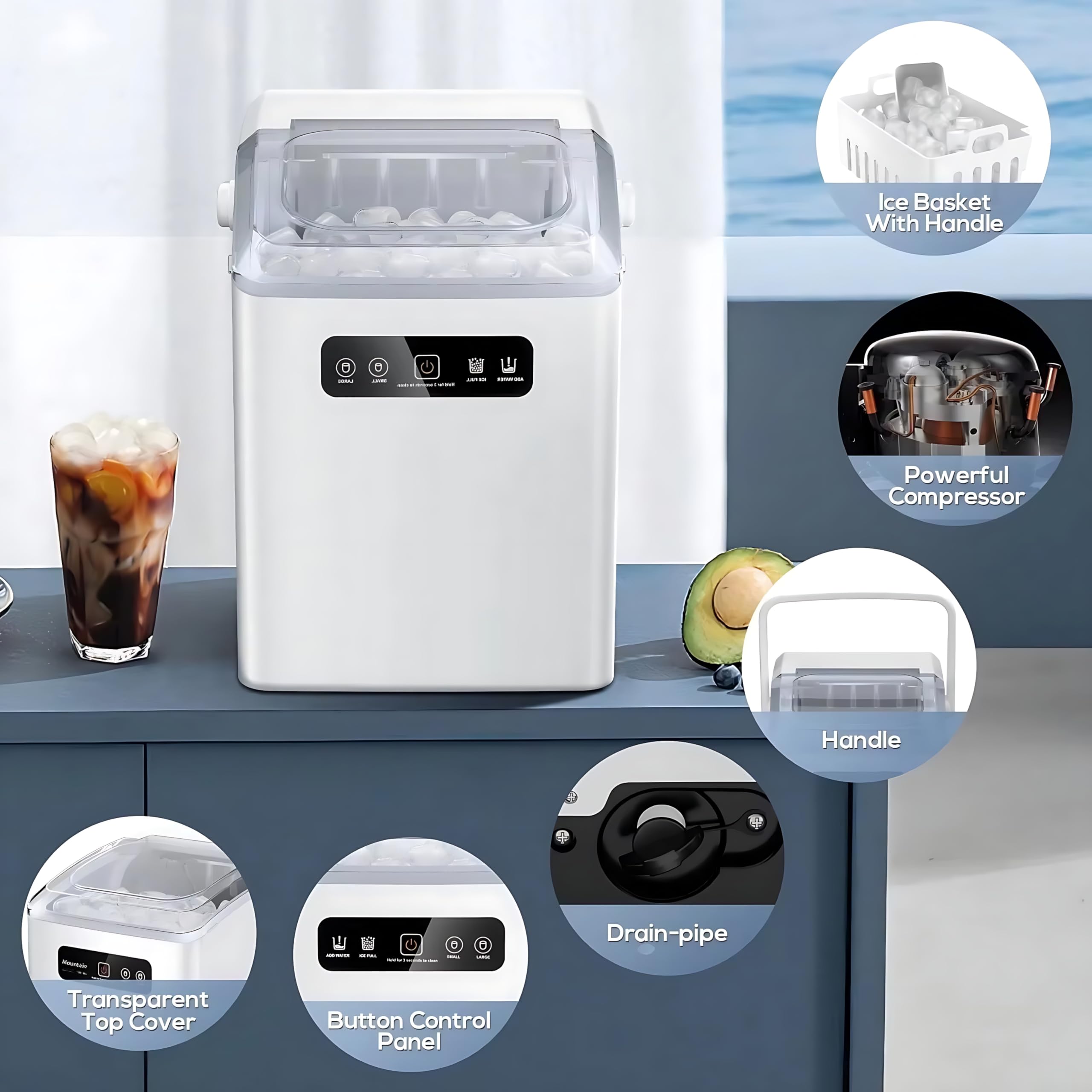 Macchina per produttore di ghiaccio, produttore di ghiaccio portatile completamente automatico - 12 kg/24 ore, produce 8 cubi in 6 minuti, autopulente e rumore basso, con pala di ghiaccio per casa
