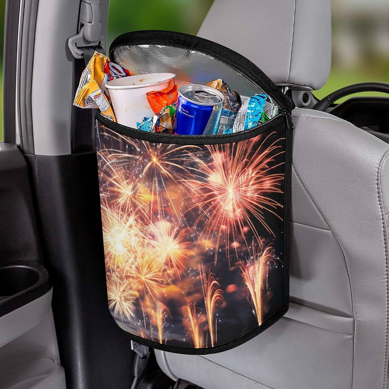 Hanging Car Trash Bag Beautiful Fireworks Printed Car Garbage Storage Bag Leakproof Car Trash Can Portable Garbage Storage Bags