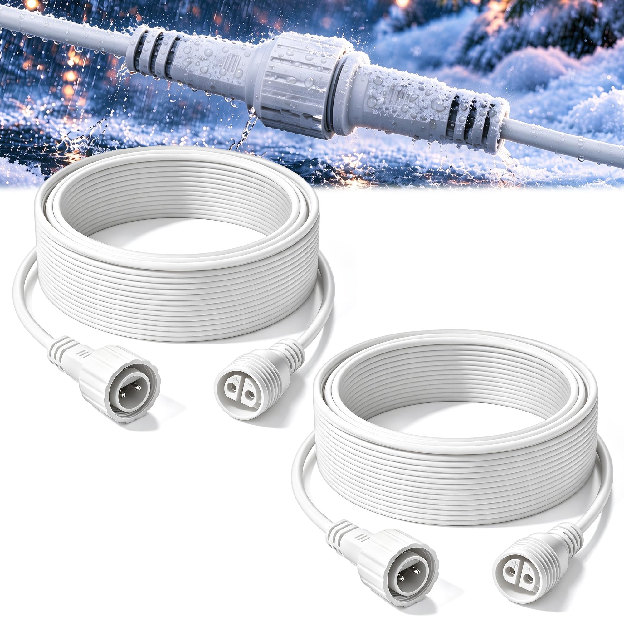 2 Pack 10FT 2 Pin Extension Cord IP65 Waterproof for String Lights (White)