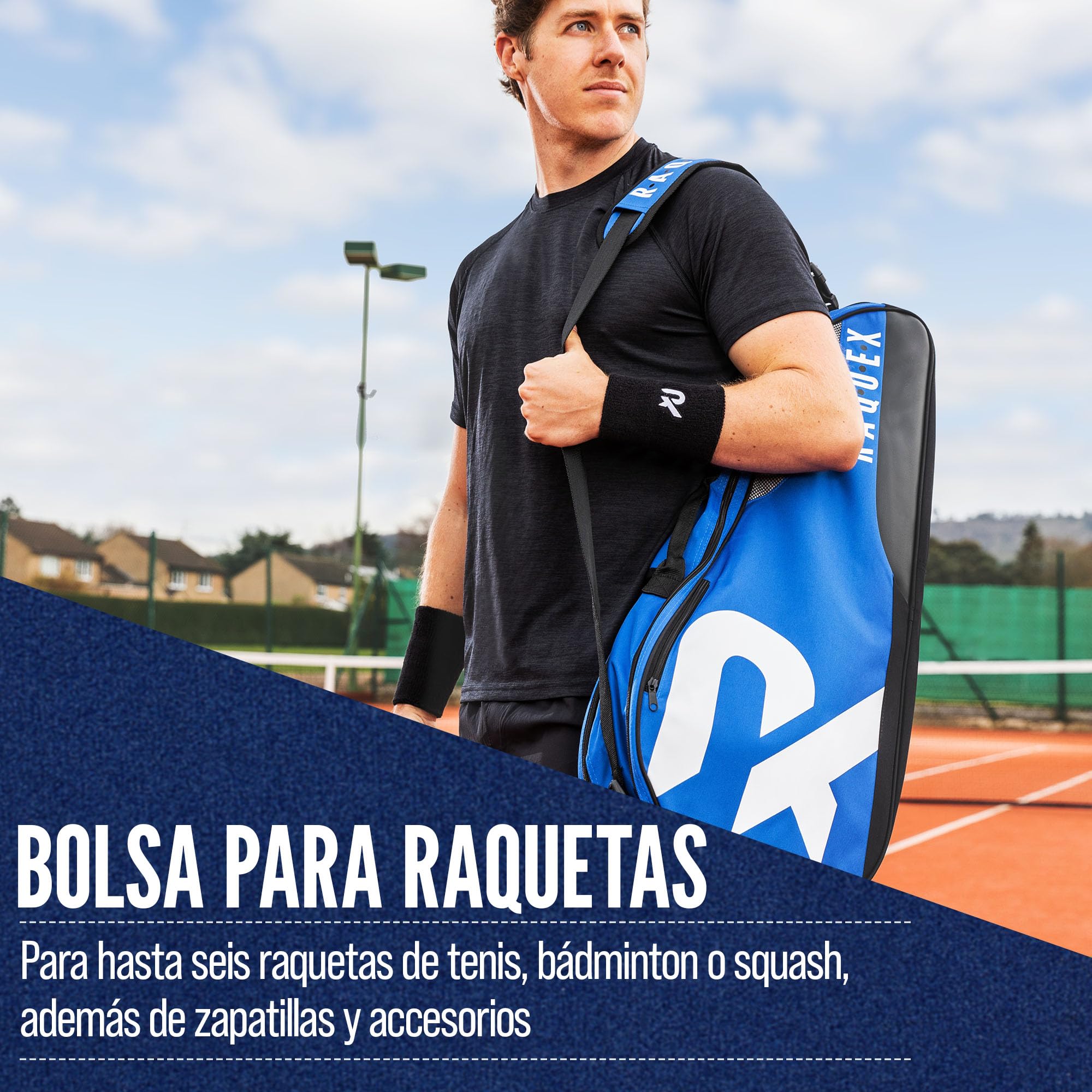 Raquex Bolsa para Raquetas : Tenis, Bádminton y Squash. Azul/Negro/Magenta. con Capacidad para hasta 6 Raquetas, Accesorios y Zapatillas