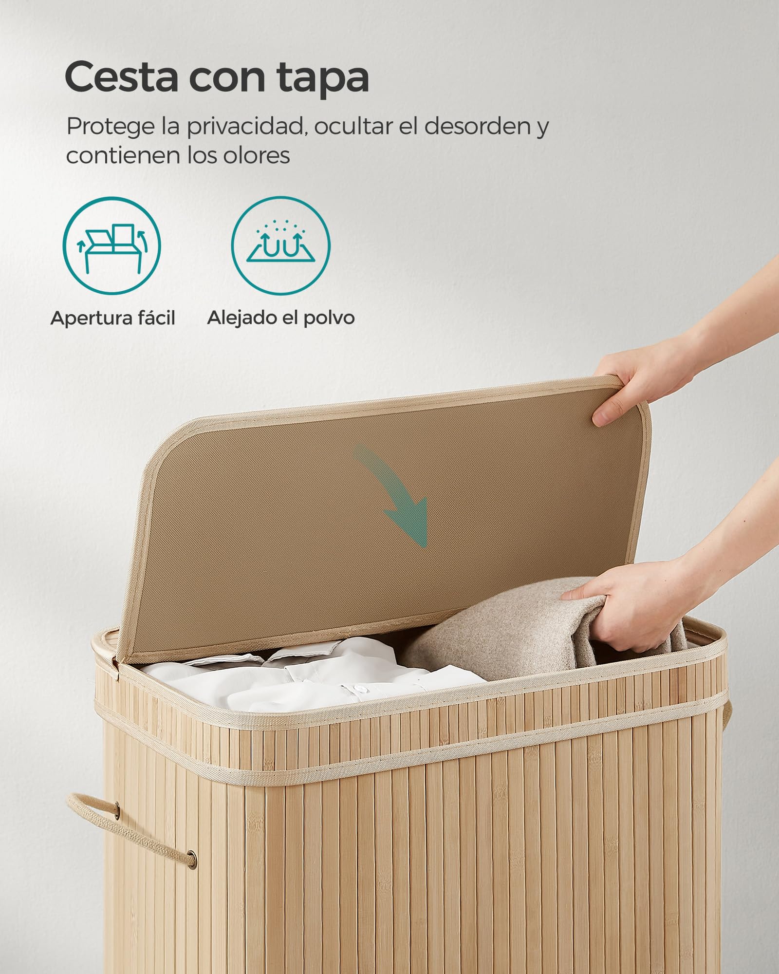 SONGMICS Cesto de lavandería con tapa, 100 L, de bambú, extraíble, lavable a máquina, con asas, para lavandería, dormitorio, baño, color natural LCB063N01