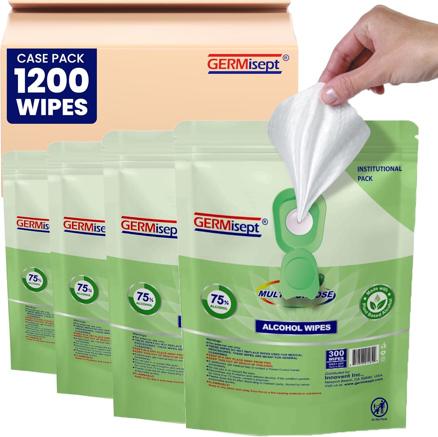 [Bulk 1200-Count] Hand Sanitizing Wipes - (300 Count x 4 Pouch) Keeping It Clean - 75% Alcohol Wipes In Easy Dispensing Pouch- Durable Traction Cleaning- Enriched With Aloe