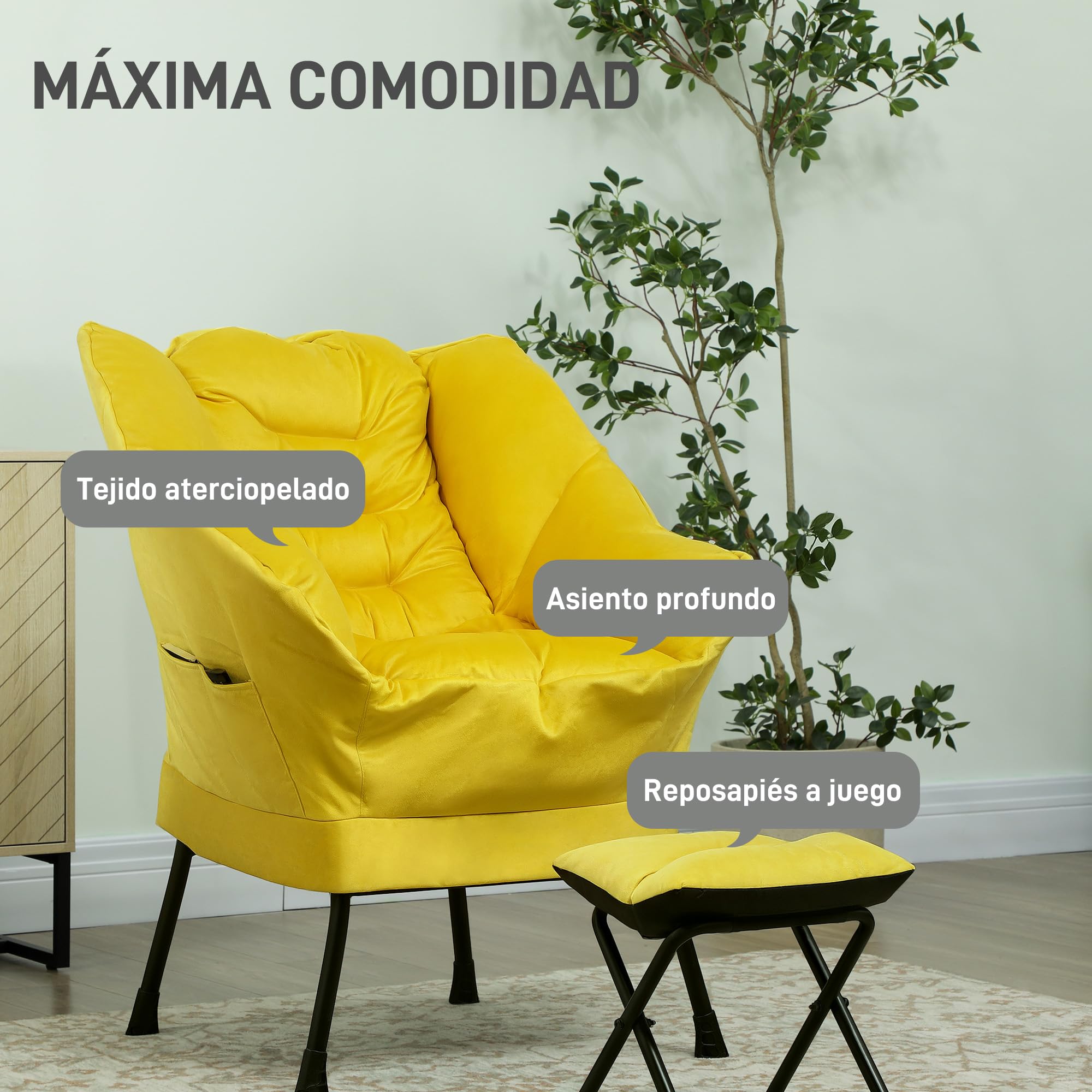 HOMCOM Sillón de Salón con Reposapiés Sillón de Relax Butaca para Dormitorio con Bolsillos Laterales y Patas de Acero para Sala de Estar Amarillo