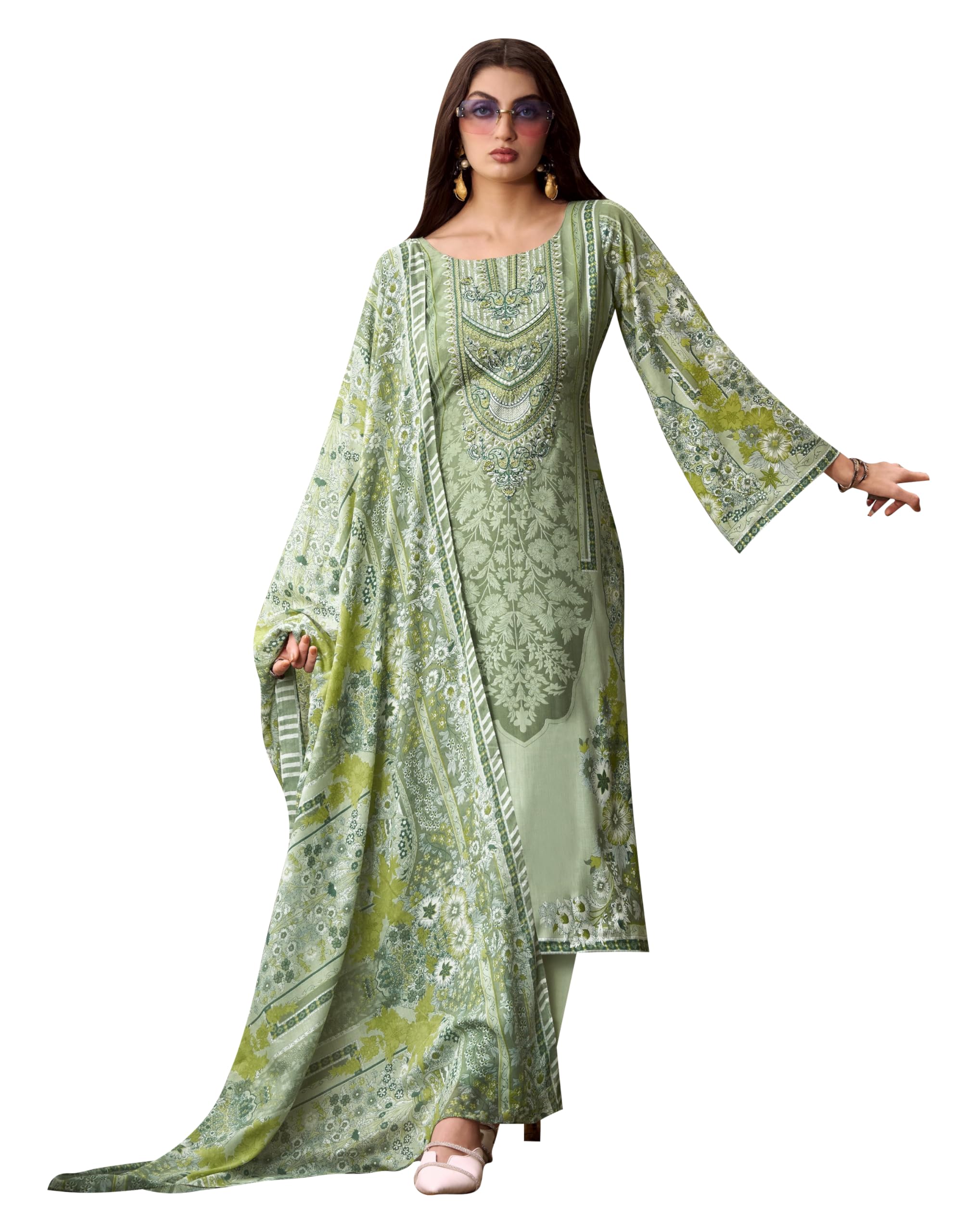 Women's Unstitched Cotton Suit Dress Material - Printed Embroidered Top II Plain Bottoms II Print Dupatta-image-14