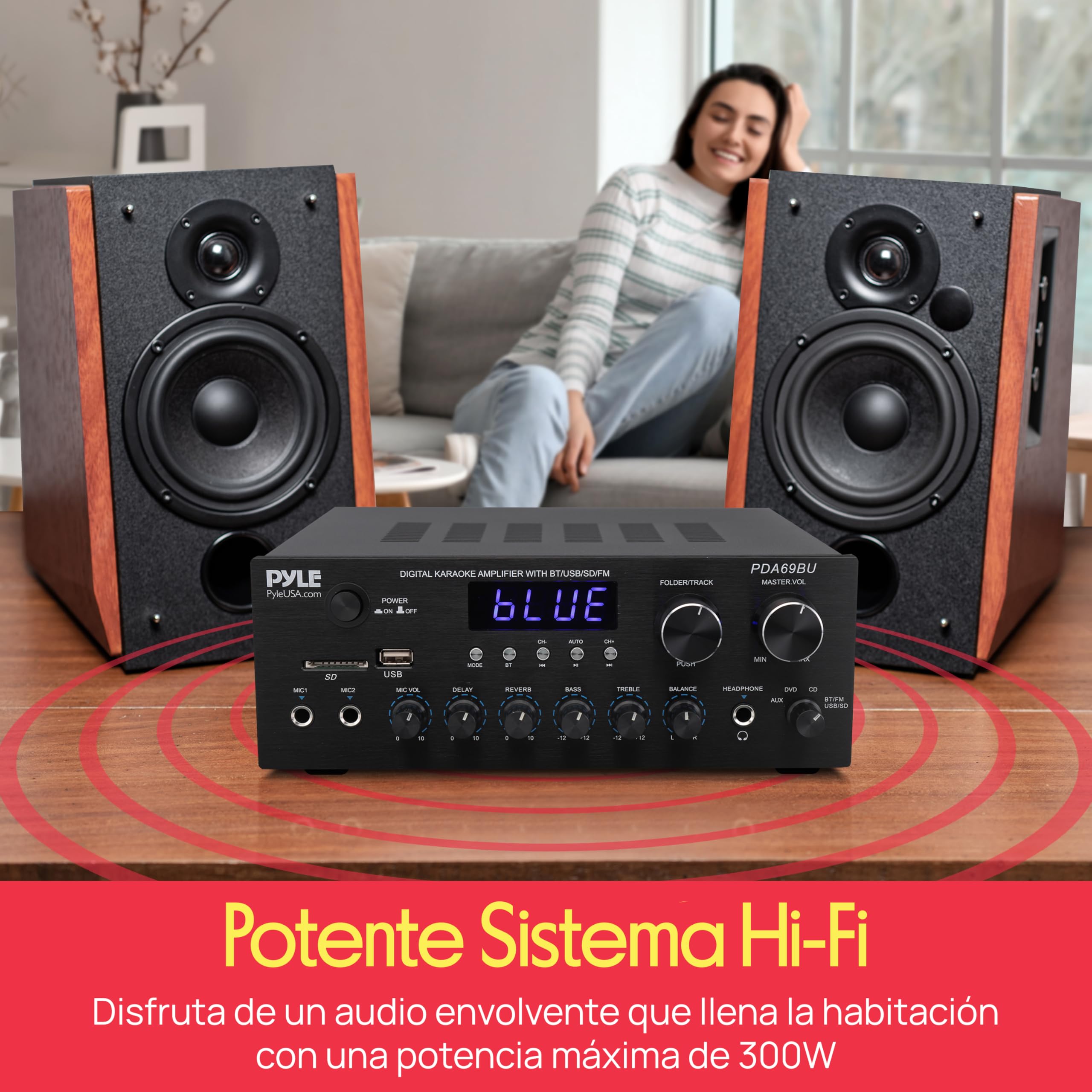 Pyle Amplificador de Audio, para el hogar, Estudio, 300W, Bluetooth, Estereo, 2 Canales, Sistema de Audio MP3, USB, SD, AUX, RCA, Microfono, Audiofonos, FM, LED