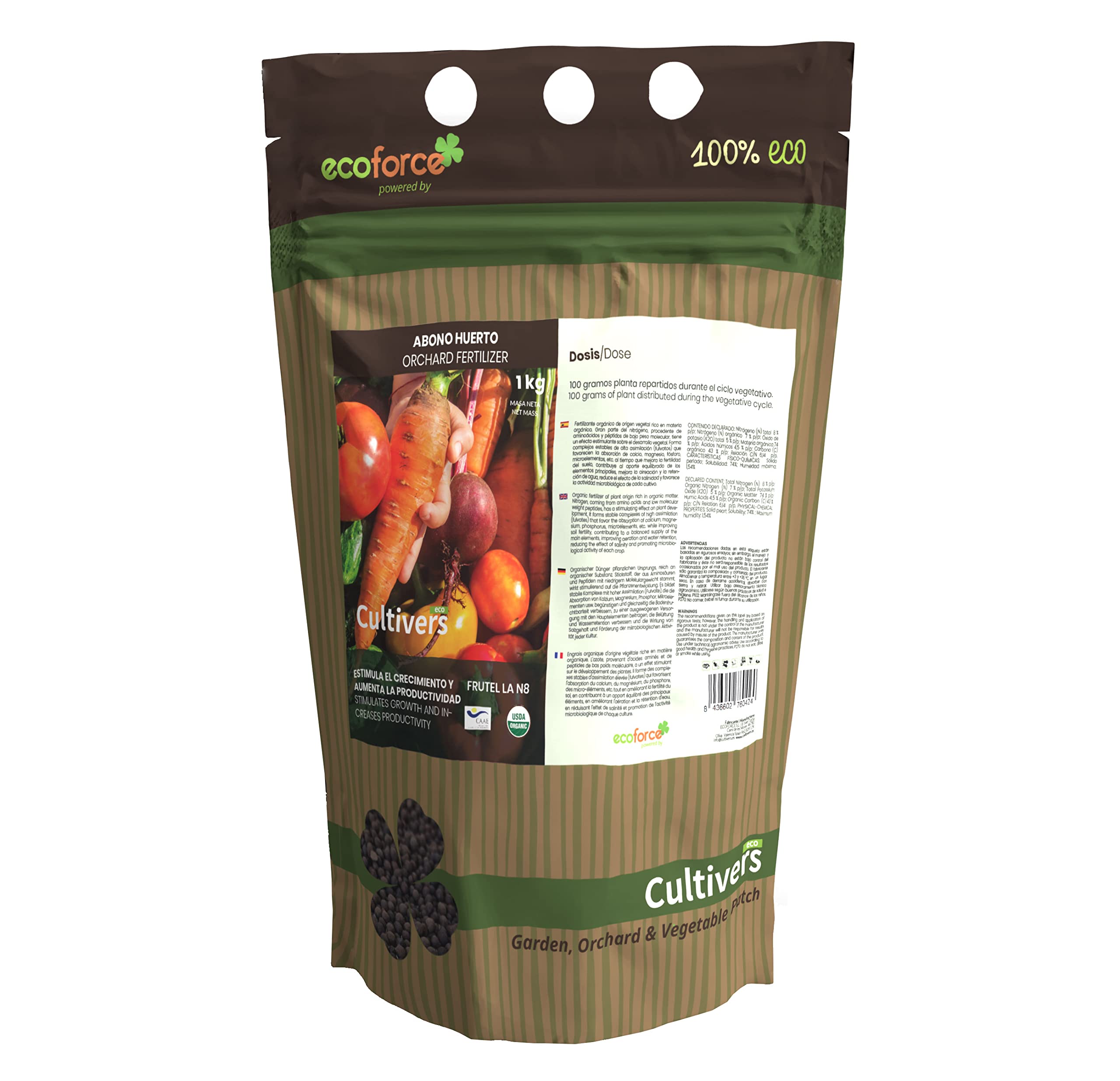 CULTIVERS Abono Huerto Ecológico de 1 Kg. Fertilizante de Origen 100% Orgánico y Natural Microgránulado. Mejora la Productividad de los Cultivos Liberación Lenta