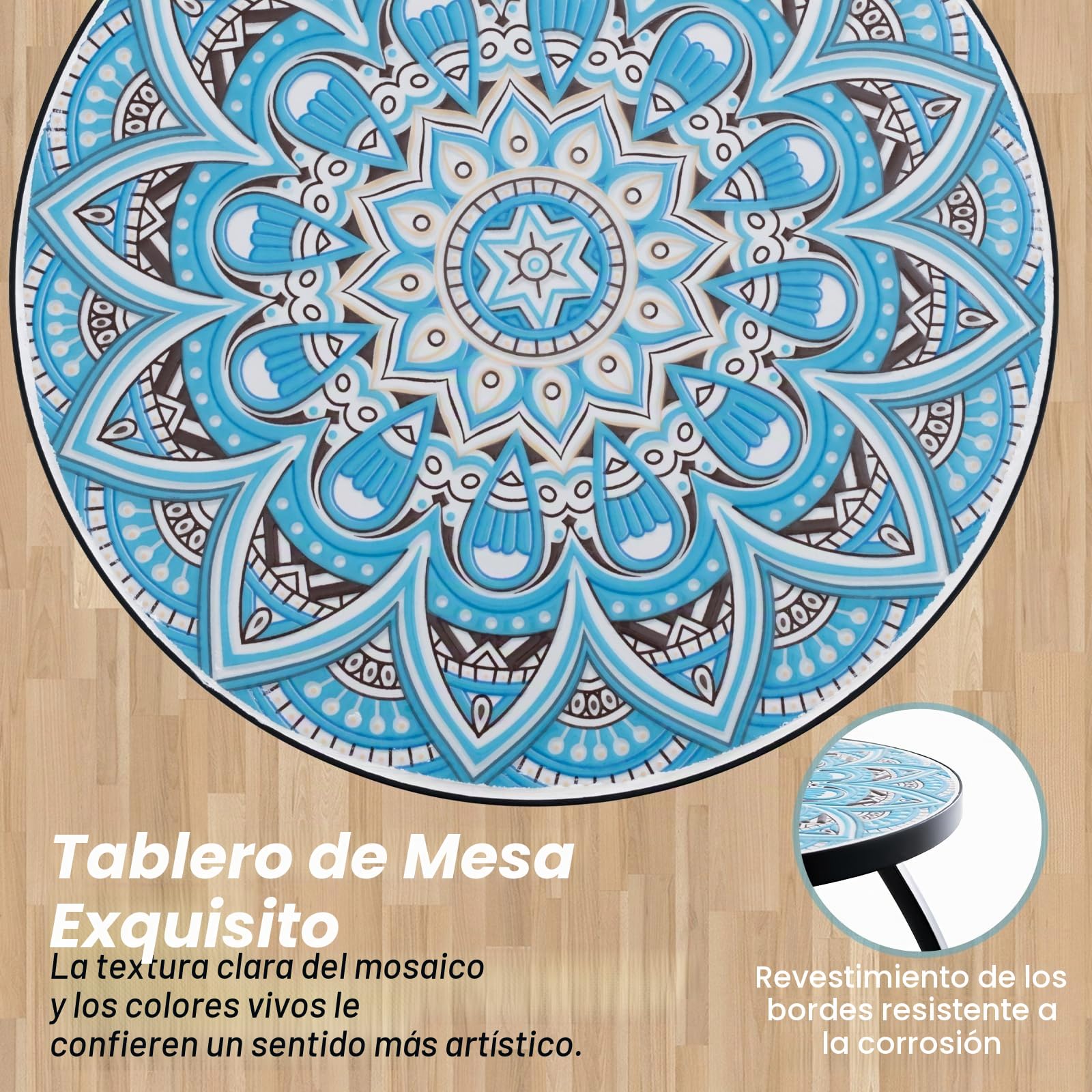GOPLUS Mesa auxiliar de mosaico, mesa auxiliar redonda con bandeja de baldosas y marco de metal resistente, soporte para plantas, apto para balcón, terraza, jardín, 30 x 30 x 50 cm (azul+negro)