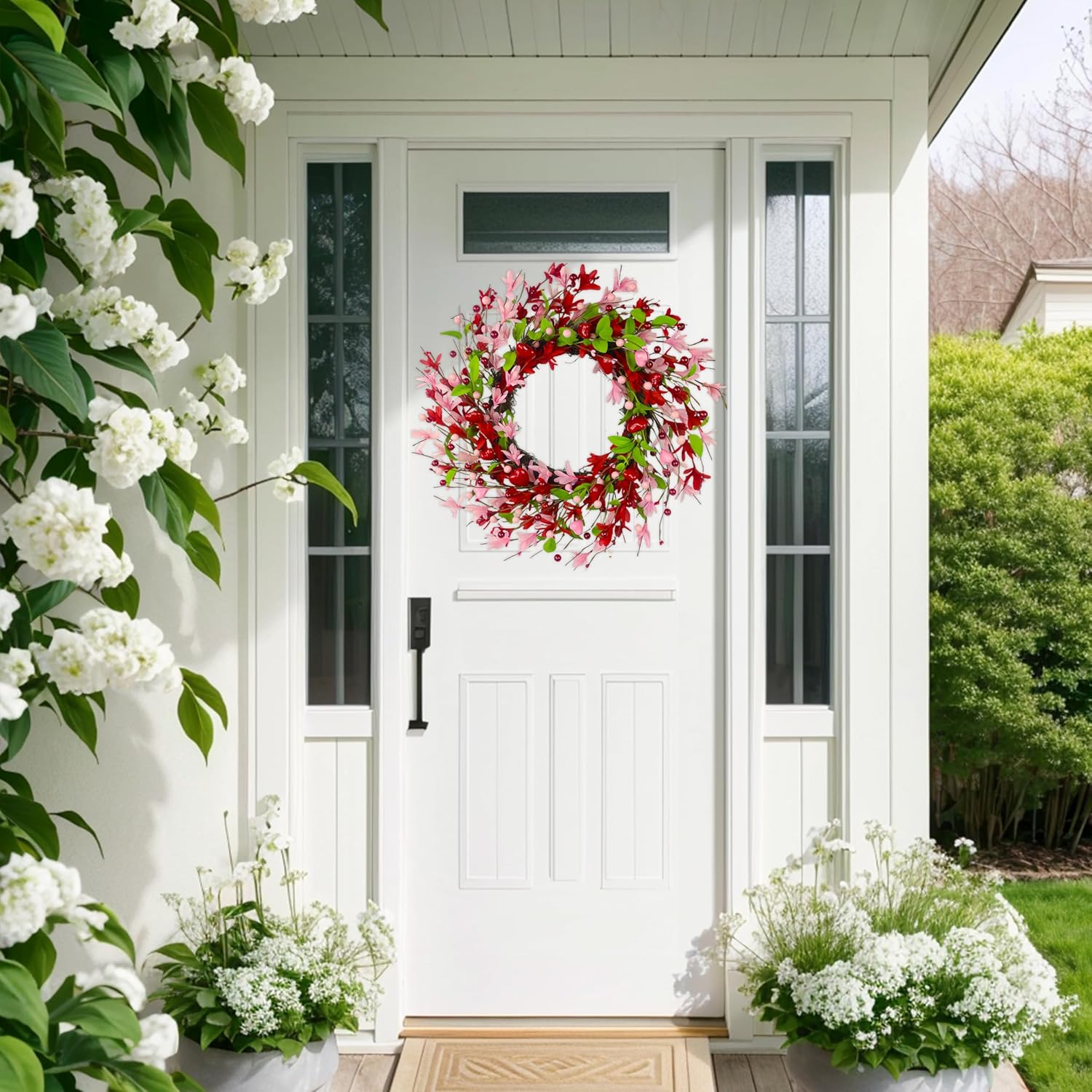 20 Inch Valentine's Day Wreath, Valentines Day Wreaths for Front Door with Pink Forsythia Flowers, Heart Shaped Berries and Green Leaves for Window, Wall and Anniversary Party Decorations - Image 8