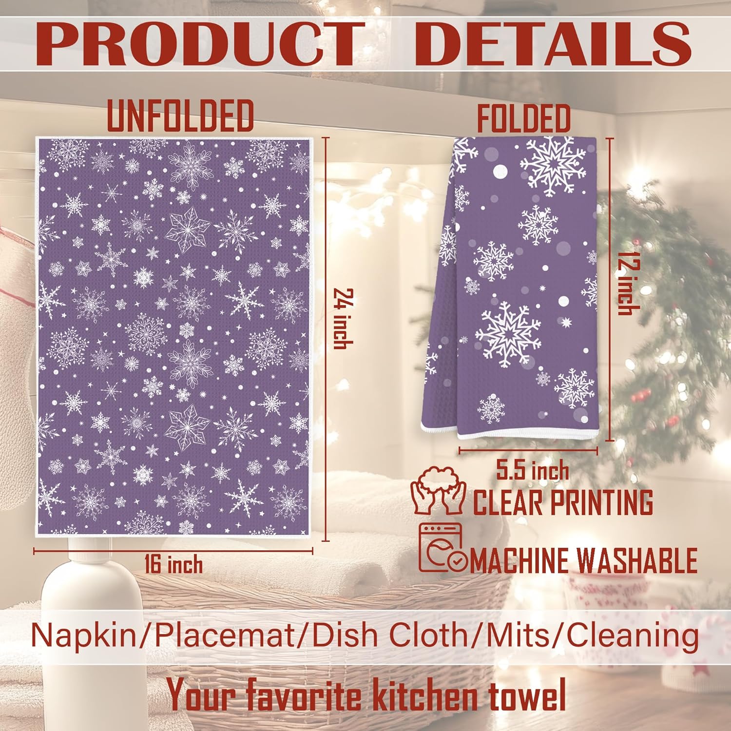 Purple Christmas Snowflake Kitchen Towels, Farmhouse Christmas Snowflake Dish Tea Towels, Xmas Winter Holiday Decorative Hand Towel for Bathroom, 16x24 Inch Set of 2 - Image 7