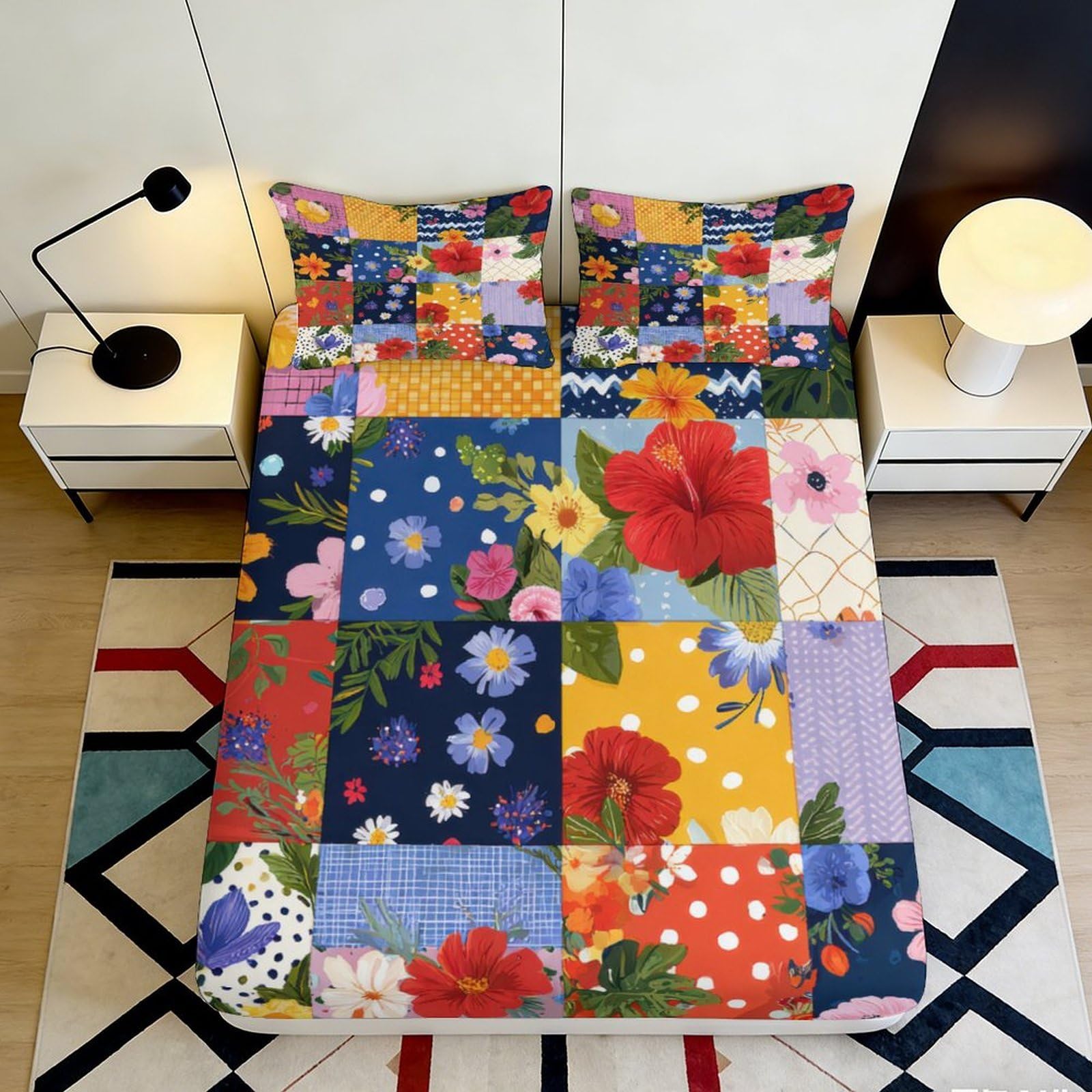3D Printed Floral Patchwork Fitted Sheet Microfiber Soft Colourful Flower Bed Sheet Anti-Slip Bedroom Decor Machine Washable 90x200x25cm