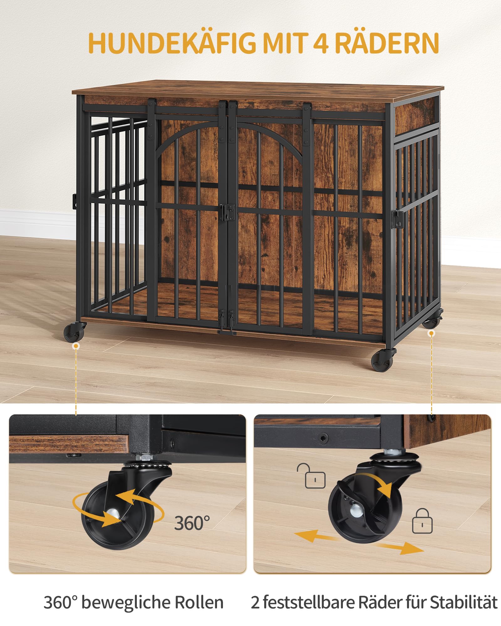 Hzuaneri Hundekäfig Möbel mit 360°-Drehrädern, L Hundebox mit Schiebetür, Moderner Hundekäfig aus Holz für Kleine und Mittelgroße Hunde für den Innenbereich, Vintage-Braun DFC86201B