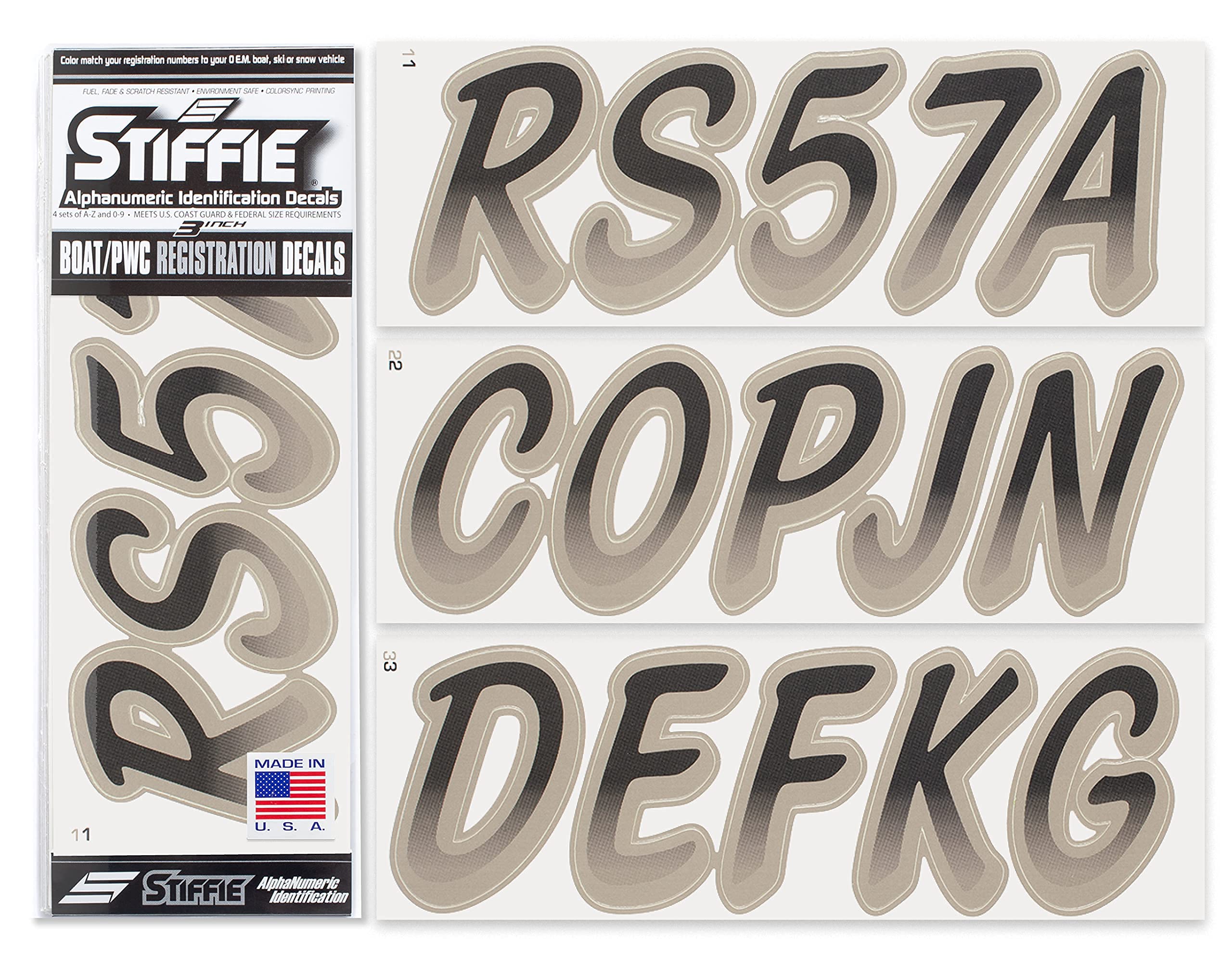 STIFFIE Whipline Black/Pewter 3" Boat &amp; PWC Registration Decals • Numbers Letters Stickers