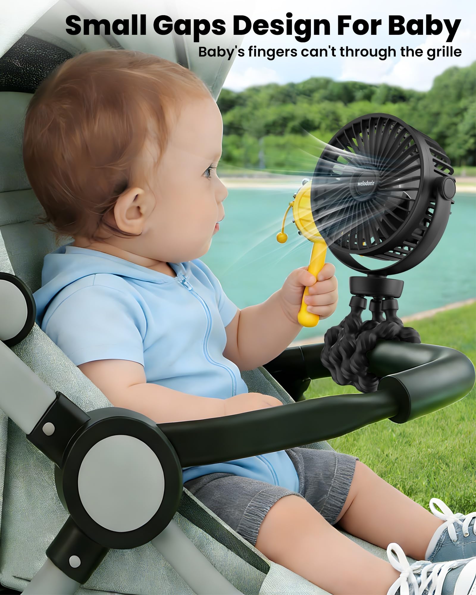 Portable Pram Fan, 5200 mAh Rechargeable Personal Fan, with 360° Rotate Flexible Tripod and TYPE-C Port 3 Speed Small Mini USB Clip-on Fans Can Handheld and Desk for Stroller Car Seat Crib Outdoor — view 2