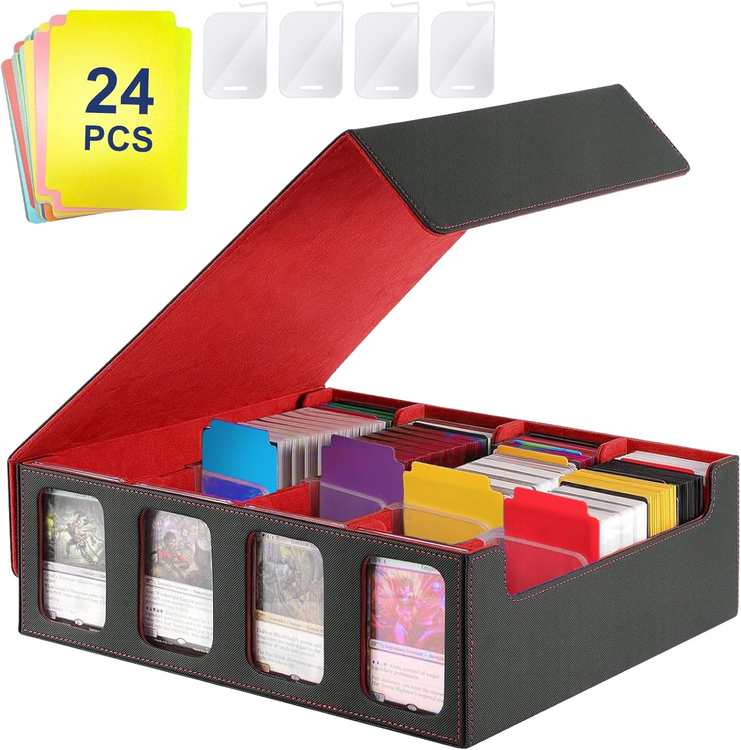 Card Deck Case for Trading Cards, PU Leather Magic Cards Storage Box 3000+, Card Deck Box with Divider Tabs & Magnetic Closure Card Holder, Magic Card Protectors Fits for YuGiOh, MTG Cards (Red)