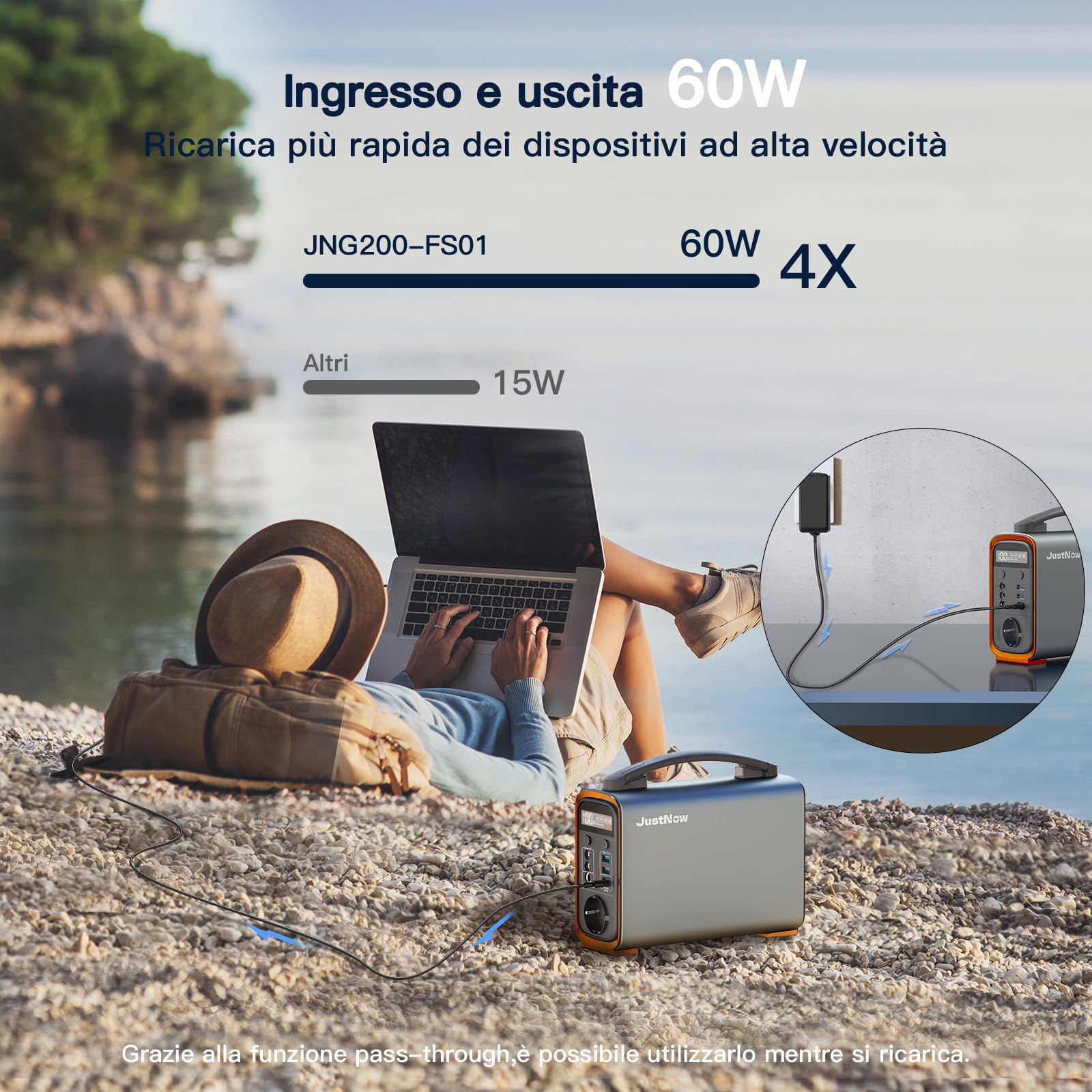 JustNow Stazione di Ricarica Portatile 240W/240Wh, Batteria LiFePo4 Mobile con Uscita AC/DC/USB/PD 60W, Generatore Solare per Campeggio, Outdoor, Camper (GT240)