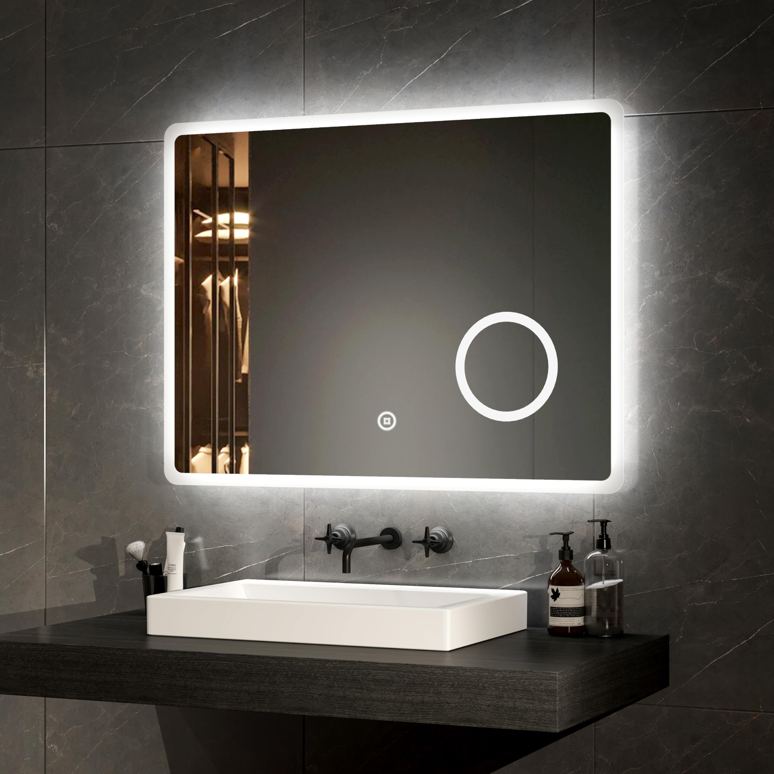 Emke 3X Magnifier + Shaver Socket + Demister Pad Led Bathroom Mirror With Shaver Socket 800X600mm, Bathroom Mirror With Led Lights, Backlit Wall Mounted Smart Mirror With 3X Magnifier, Touch Sensor, Horizontal, Ip44