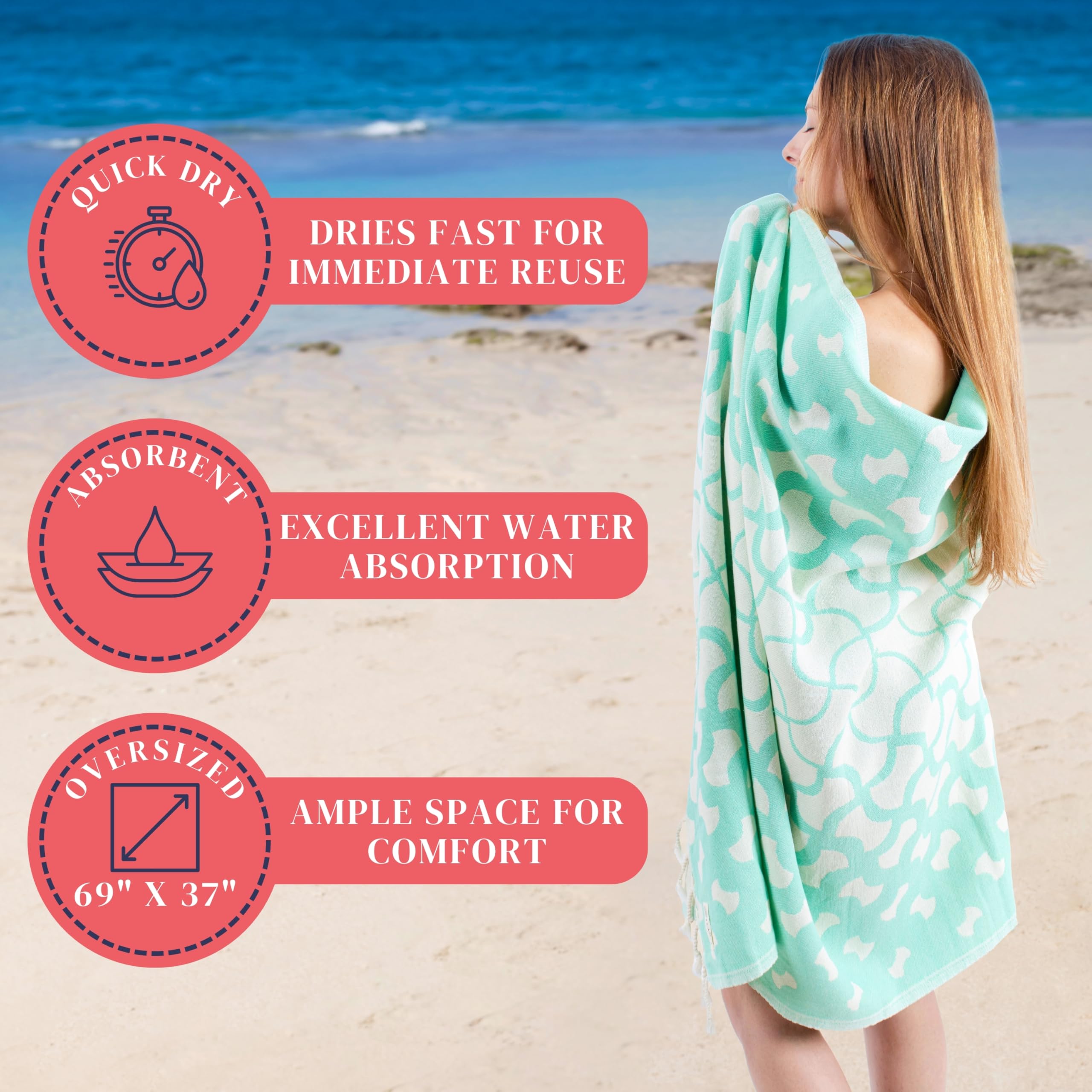 Turkish Cotton Beach Towel - Large Quick Dry Sand Towel (69x37 Inches) - Lightweight & Absorbent - View #6