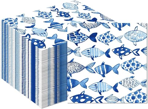 40 PCS Blue Fish Party Napkins, Fish Paper Napkins for Birthday, for Kids Boys Girls Sea Outdoor Theme Party Tableware Decorations and Supplies