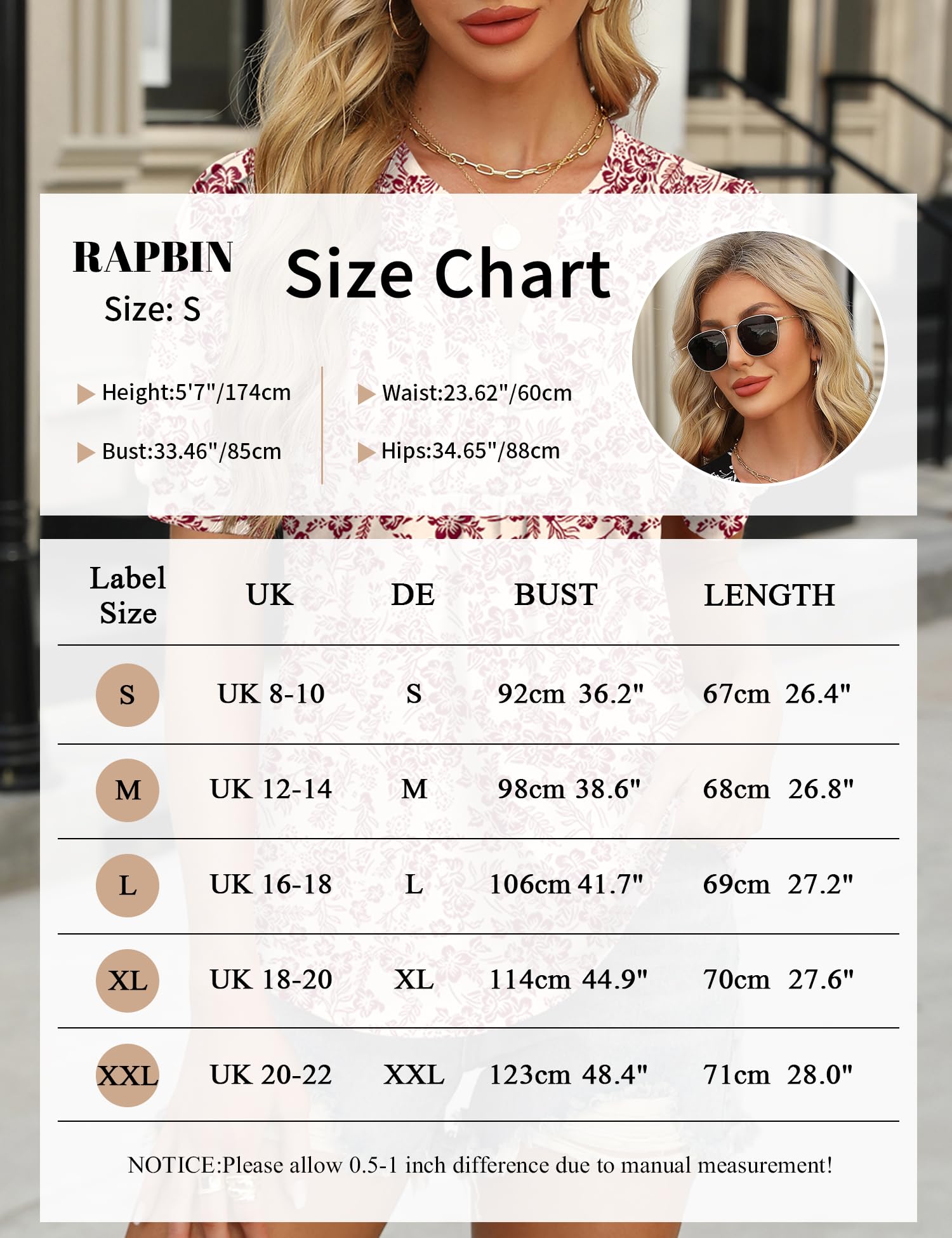 Rapbin Chemisier pour femme - Col en V - Boutonnière - Tunique - Manches courtes - Haut d'été élégant et décontracté