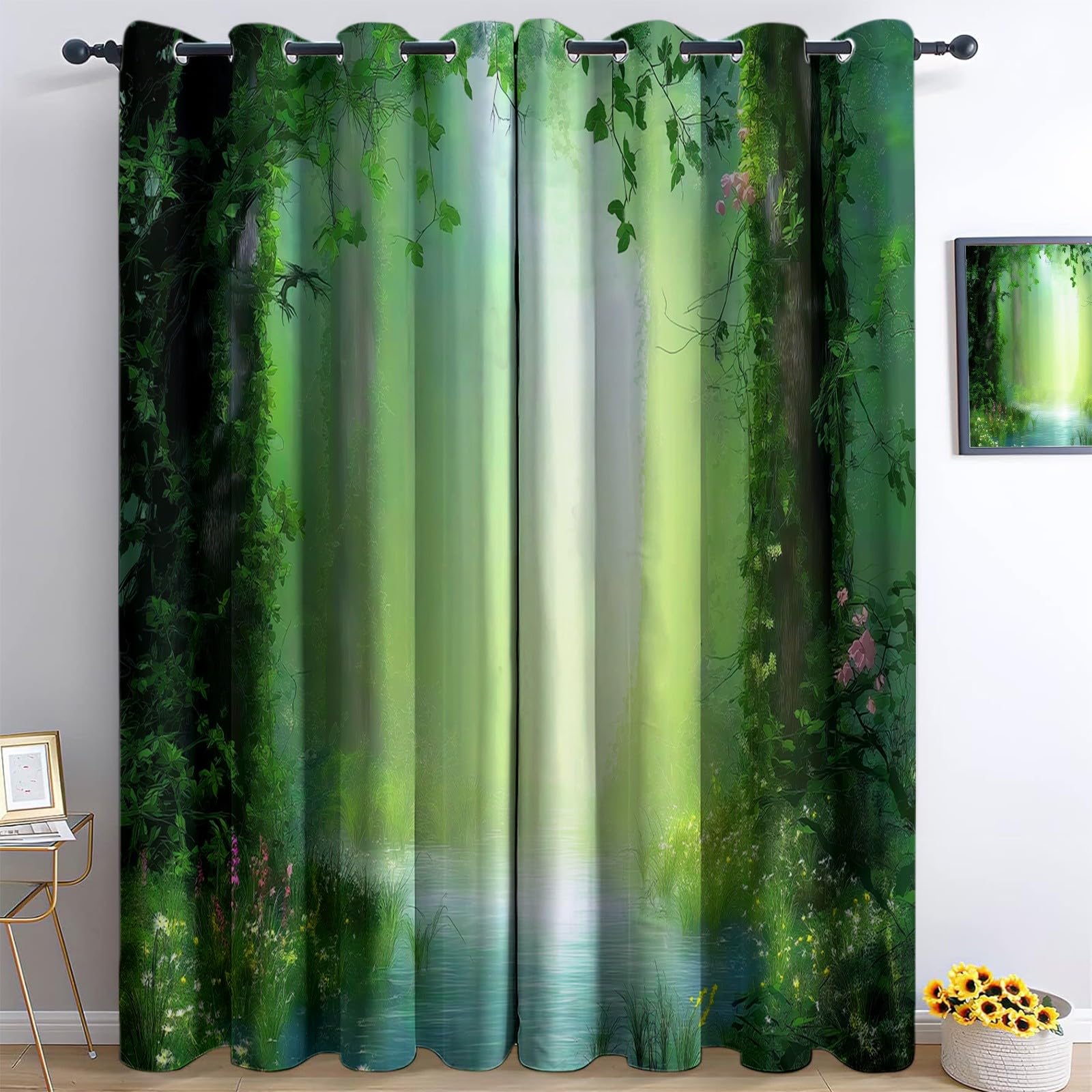 Generico 110 x 215 cm zasłony 2 panele, Anime magiczny las kwiaty zasłony zaciemniające na okna, zielone zasłony dekoracyjne dla dzieci chłopców dziewcząt sypialnia i salon kuchnia