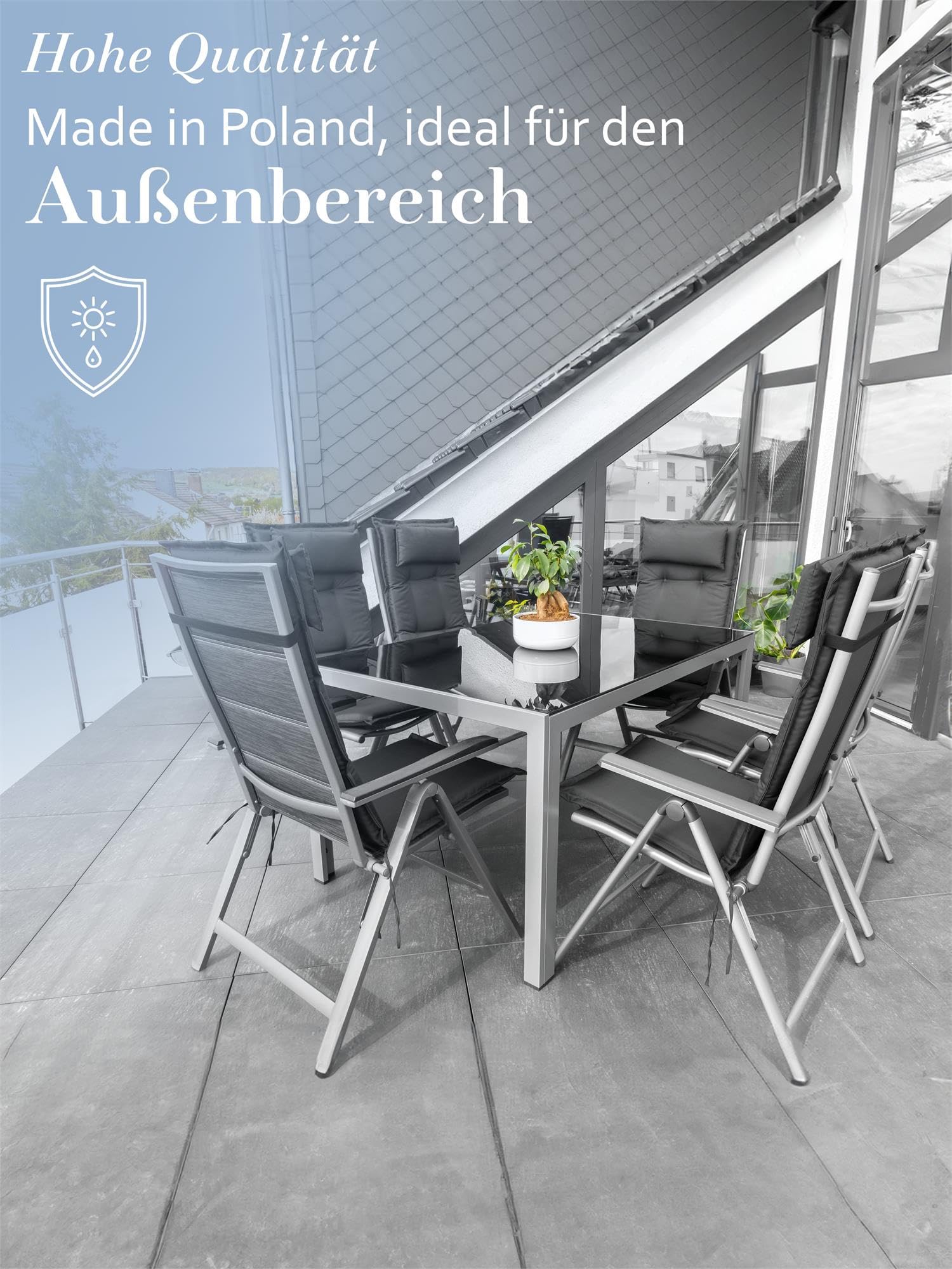 4er-Set Stuhlauflagen Hochlehner mit Kissen - Sitzpolster Gartenstuhlauflagen für Draußen und Drinnen aus pflegeleichtem und wasserdichtem Outdoor Material 120x50 cm Made in EU Farbe Anthrazit