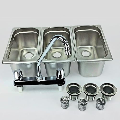 Standard 3-Compartment Drop-in Stainless Steel Concession Sink | Portable 3-basin sink with 12' faucet, bar drains, and 