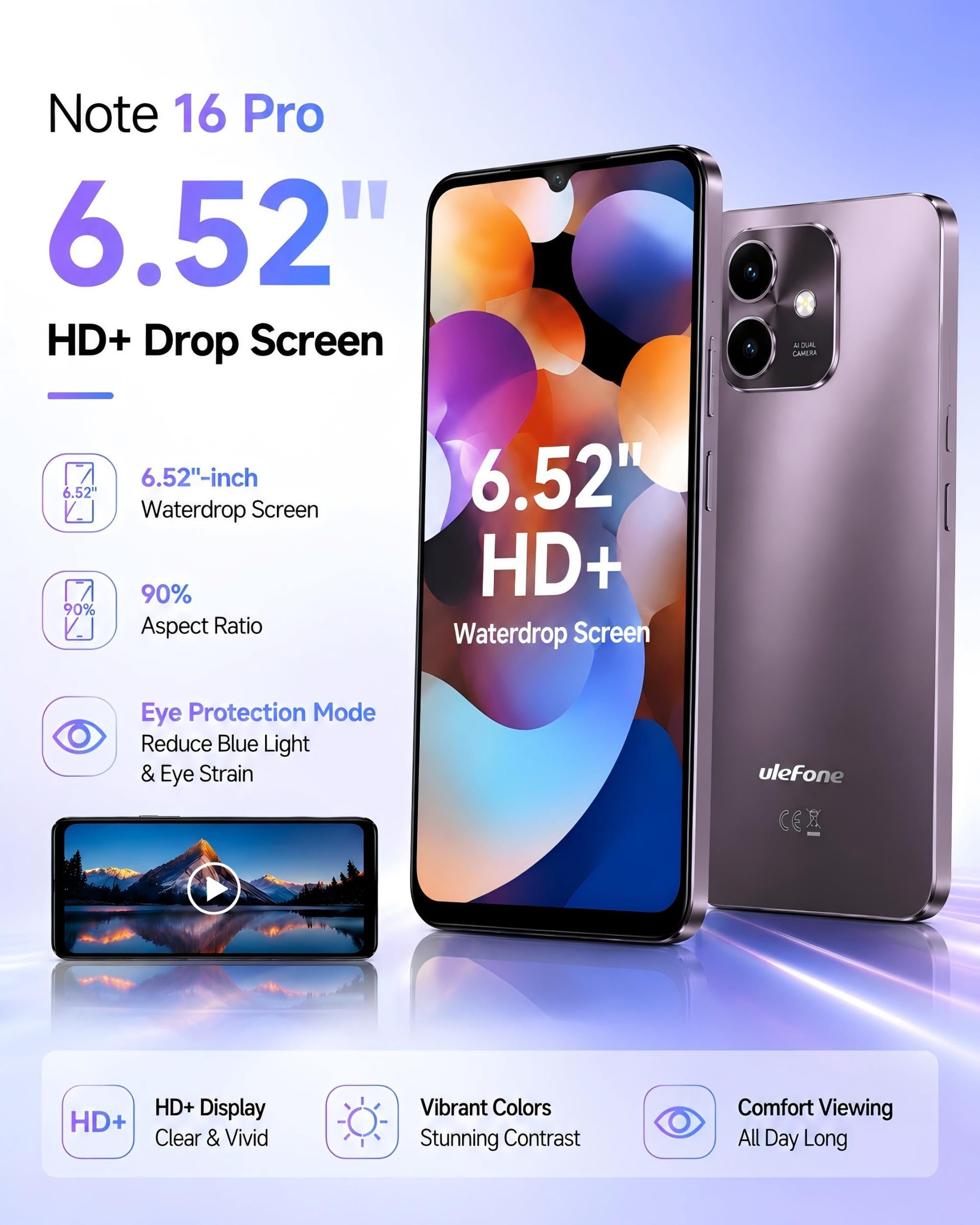 Note 16 Pro Smartphone Offerta, 16GB+512GB, 50MP Cellulare In Offerta | Schermo 6,52" HD+, Batteria 4400mAh, Octa-Core Processore, Dual SIM 4G, Fingerprint/Face ID/GPS/OTG, Viola