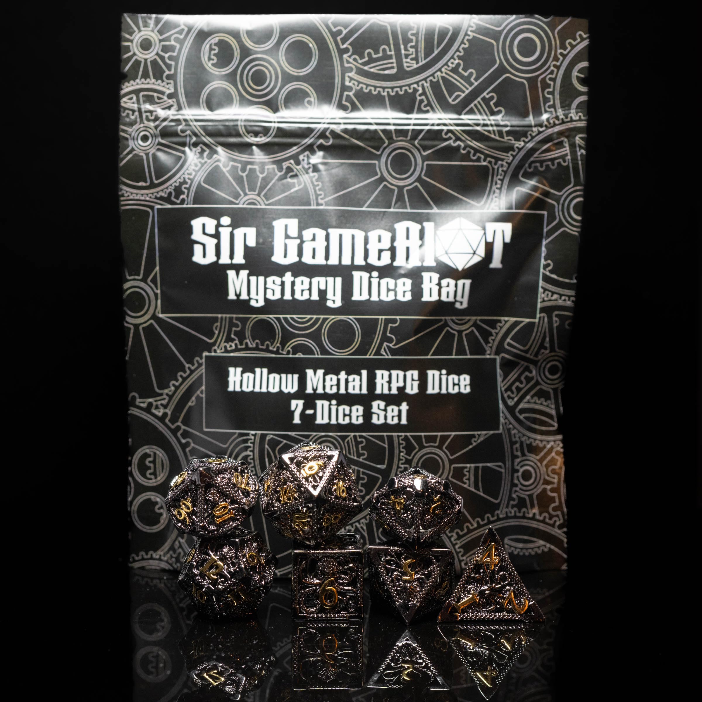 Sac à dés mystère | Lot de 7 dés polyédriques de jeu | Un ensemble choisi au hasard | RPG, DND, etc. (Ensemble métallique creux mystère)