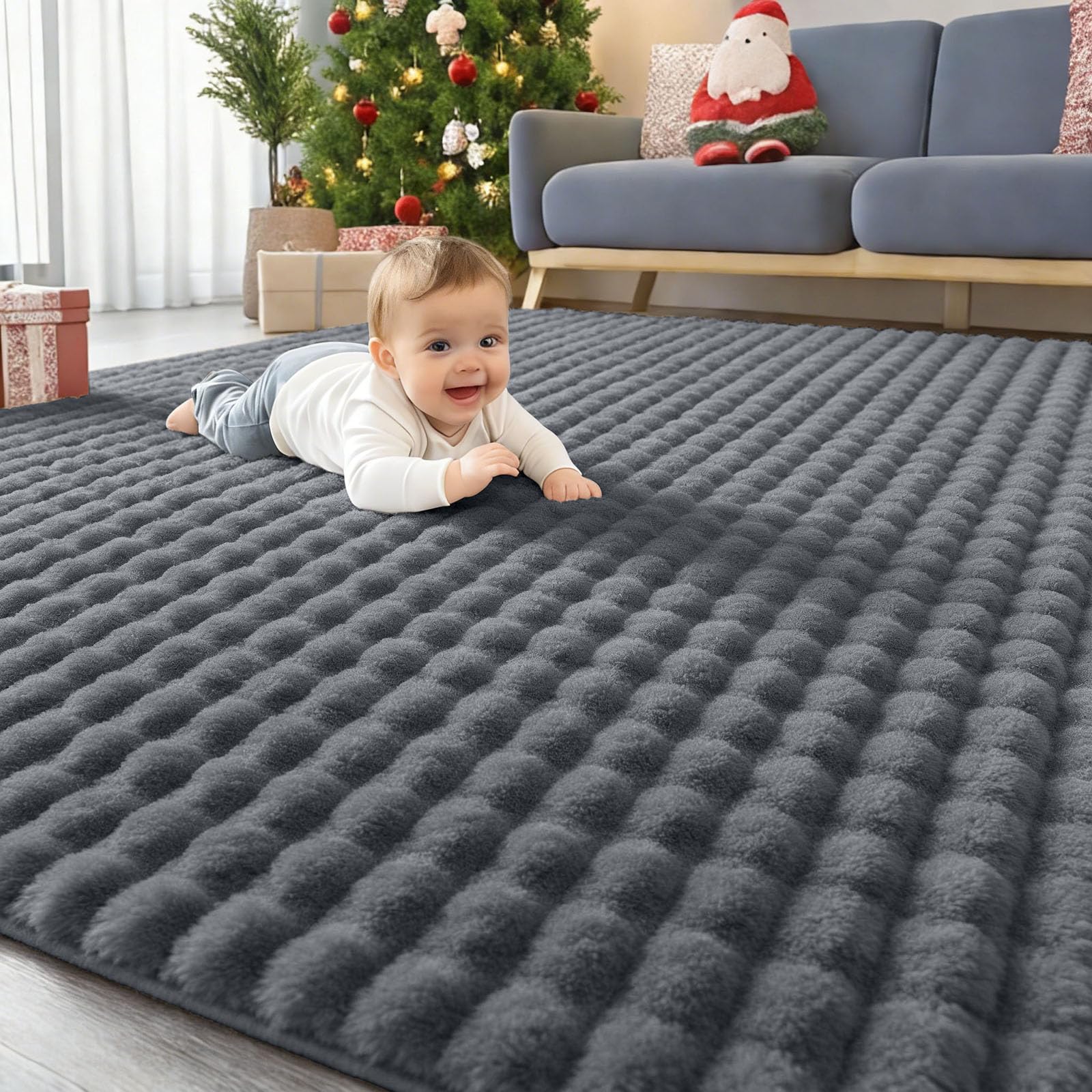 Homaxy Fluffy Shaggy Rugs Living Room with 3D Bubble Pattern, Anti Slip Machine Washable Carpet, Large Thick Pile Bedside Rug for Bedroom, Nursery - 200x280 cm, Dark Grey